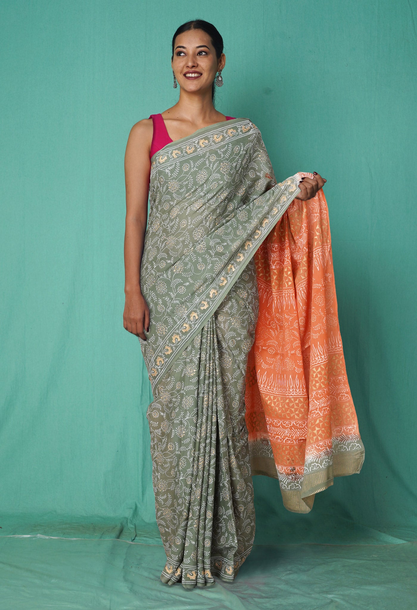 Green-Orange Pure Gold Embossed Printed Soft Cotton Saree-UNM80993