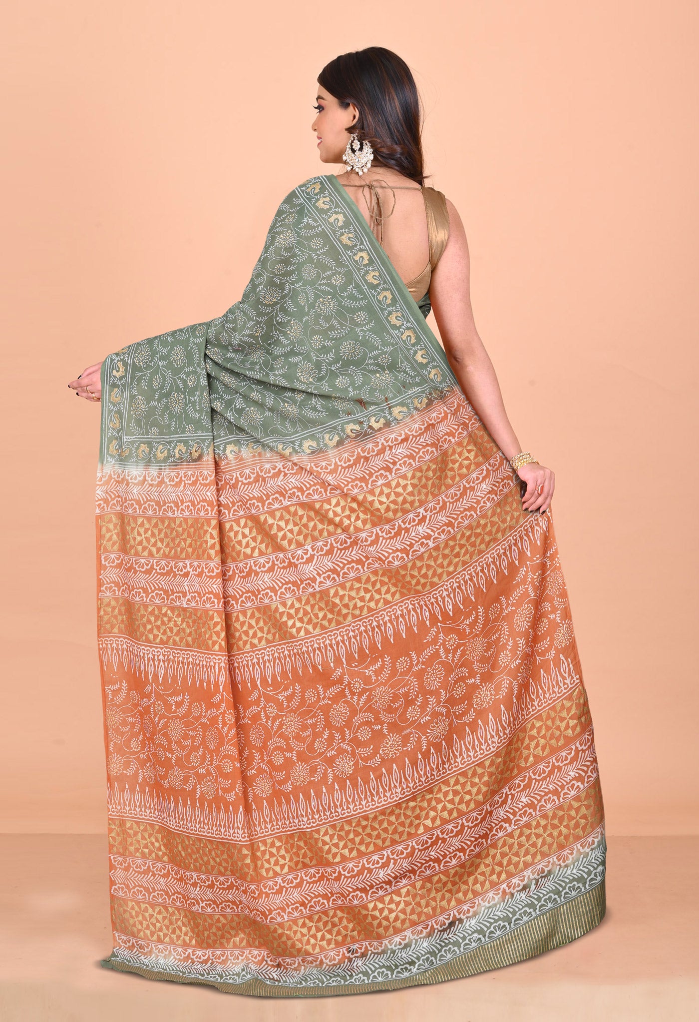 Green-Orange Pure Gold Embossed Printed Soft Cotton Saree-UNM80993