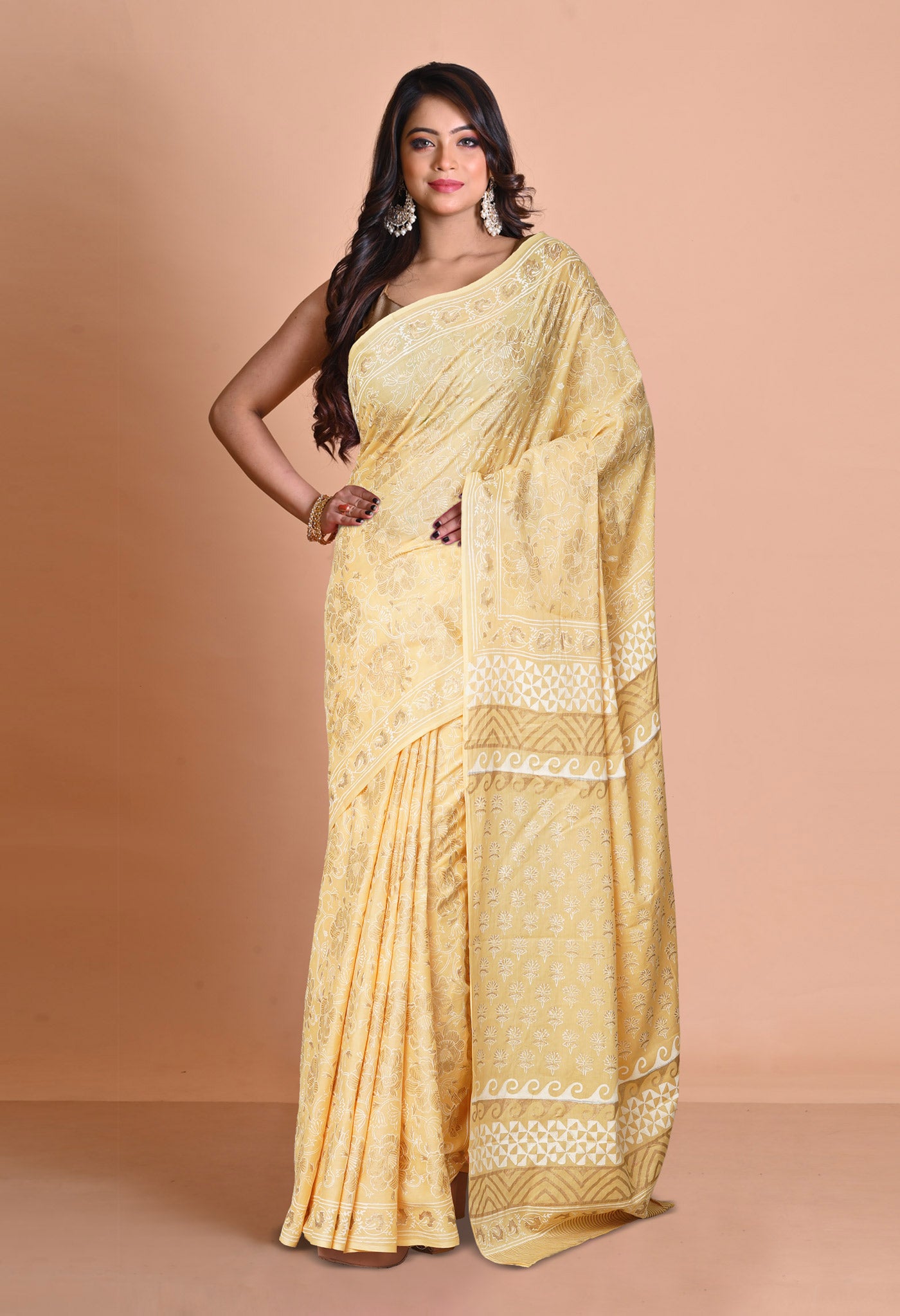 Cream Pure Gold Embossed Printed Soft Cotton Saree-UNM80994