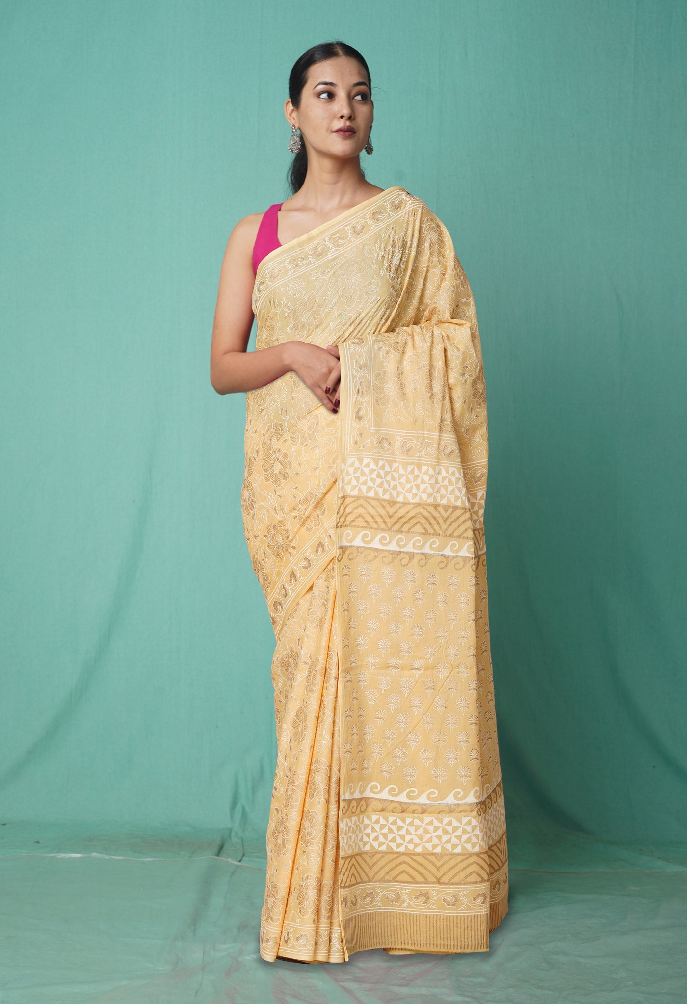 Cream Pure Gold Embossed Printed Soft Cotton Saree-UNM80994