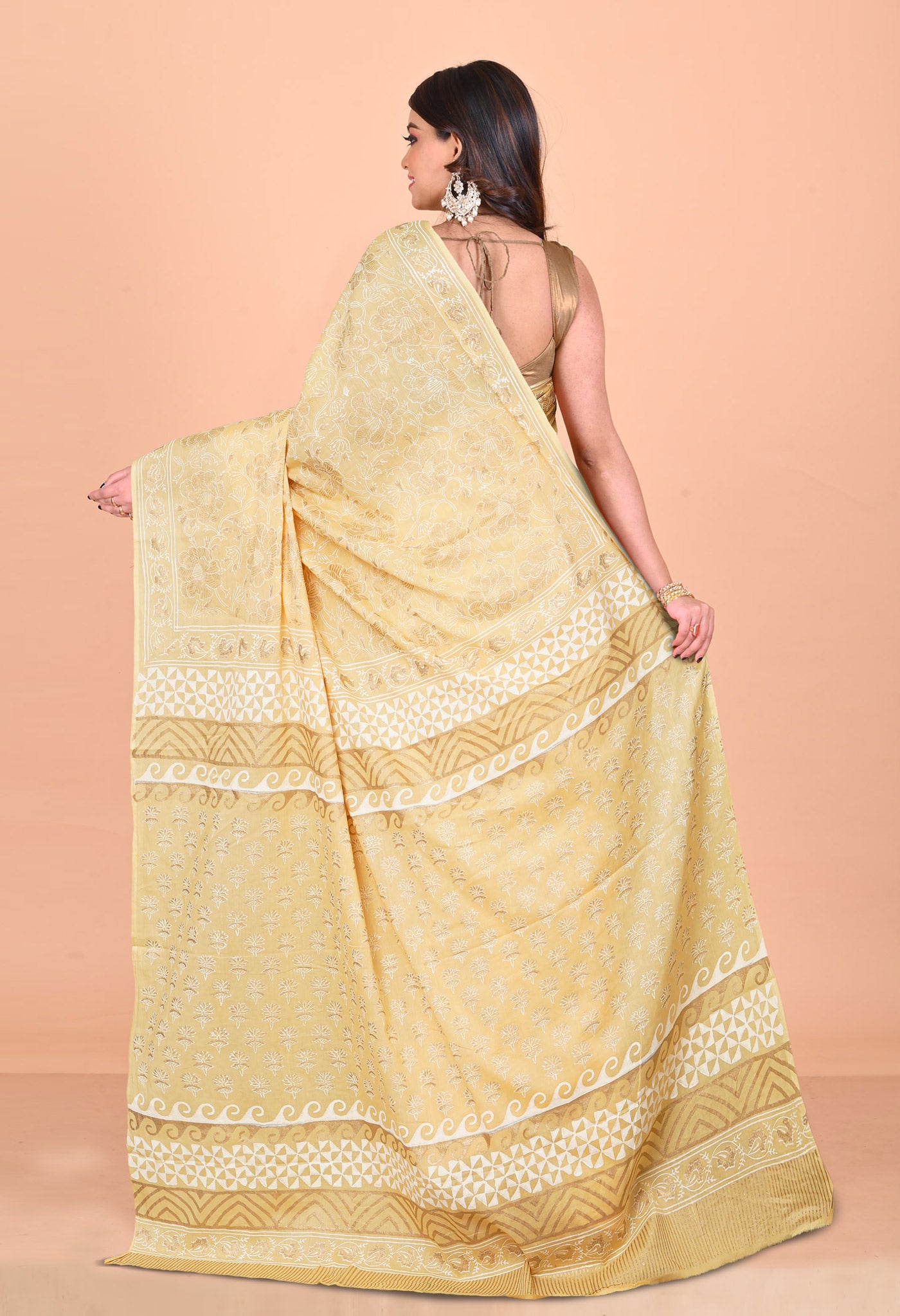 Cream Pure Gold Embossed Printed Soft Cotton Saree-UNM80994