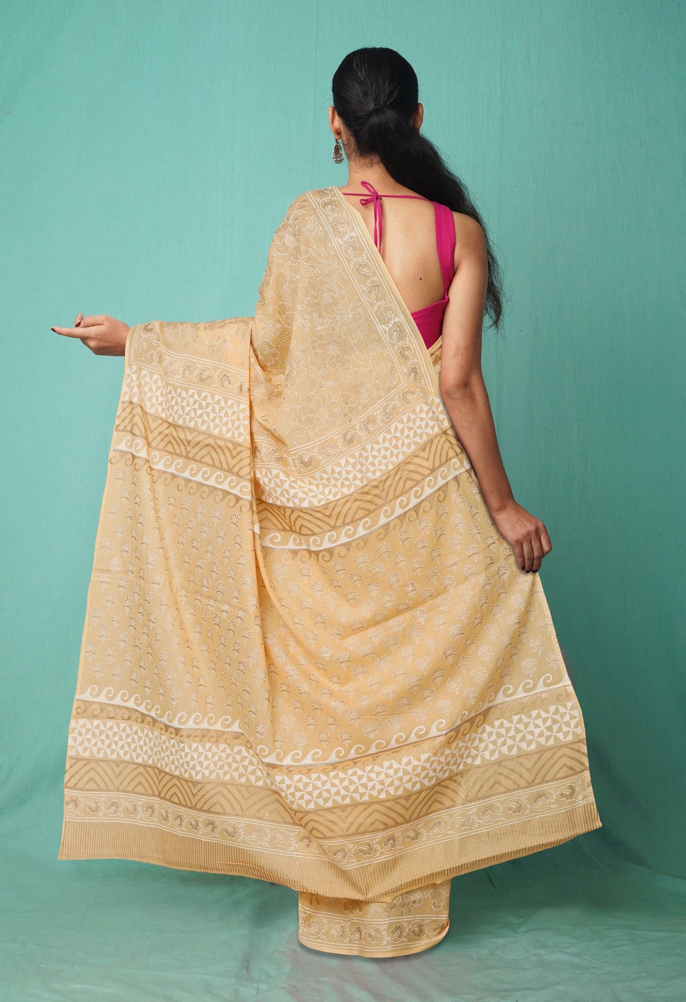 Cream Pure Gold Embossed Printed Soft Cotton Saree-UNM80994