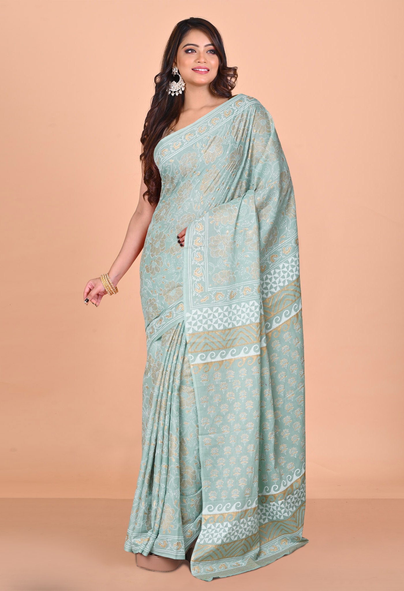 Pale Green Pure Gold Embossed Printed Soft Cotton Saree-UNM80996