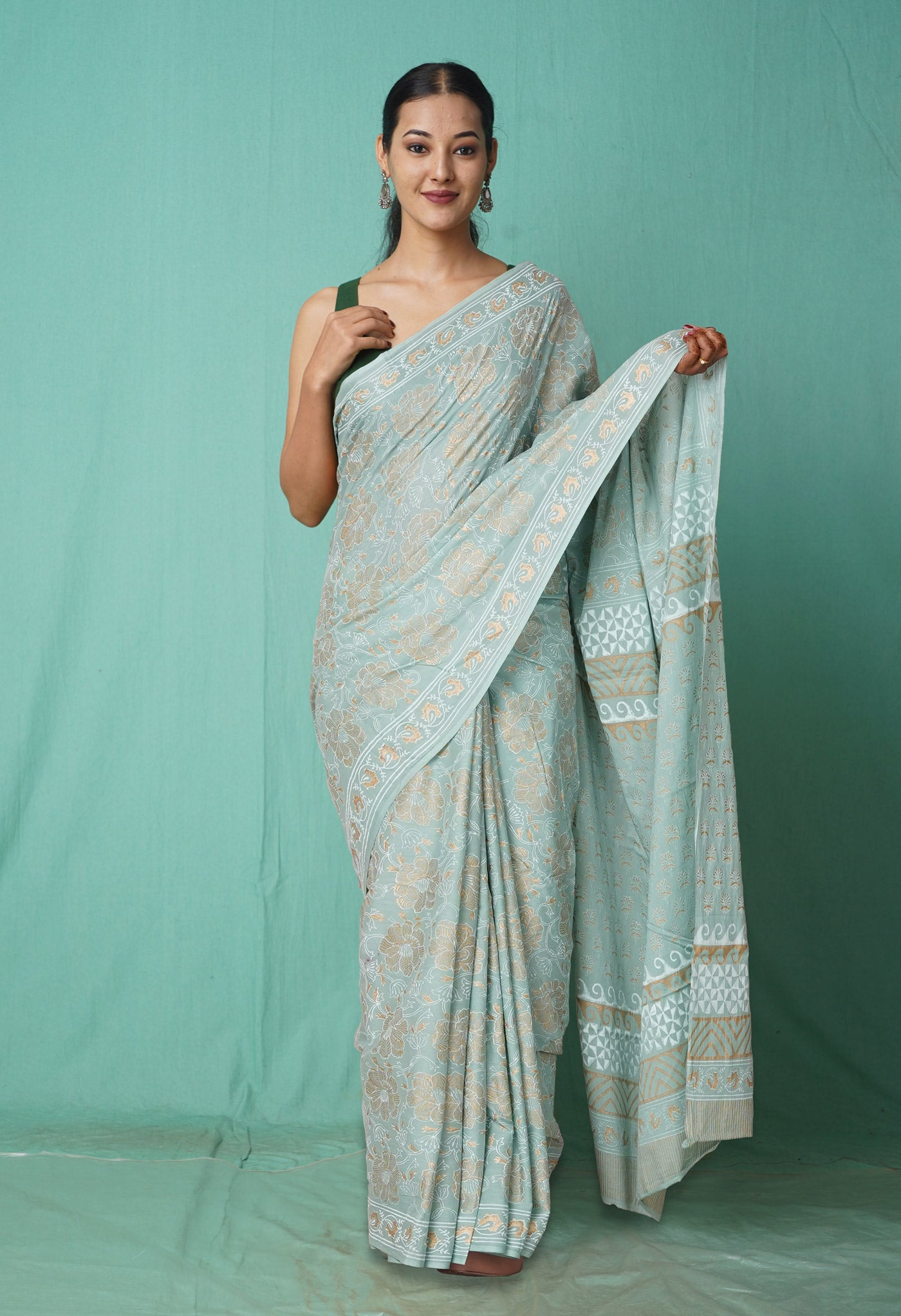 Pale Green Pure Gold Embossed Printed Soft Cotton Saree-UNM80996