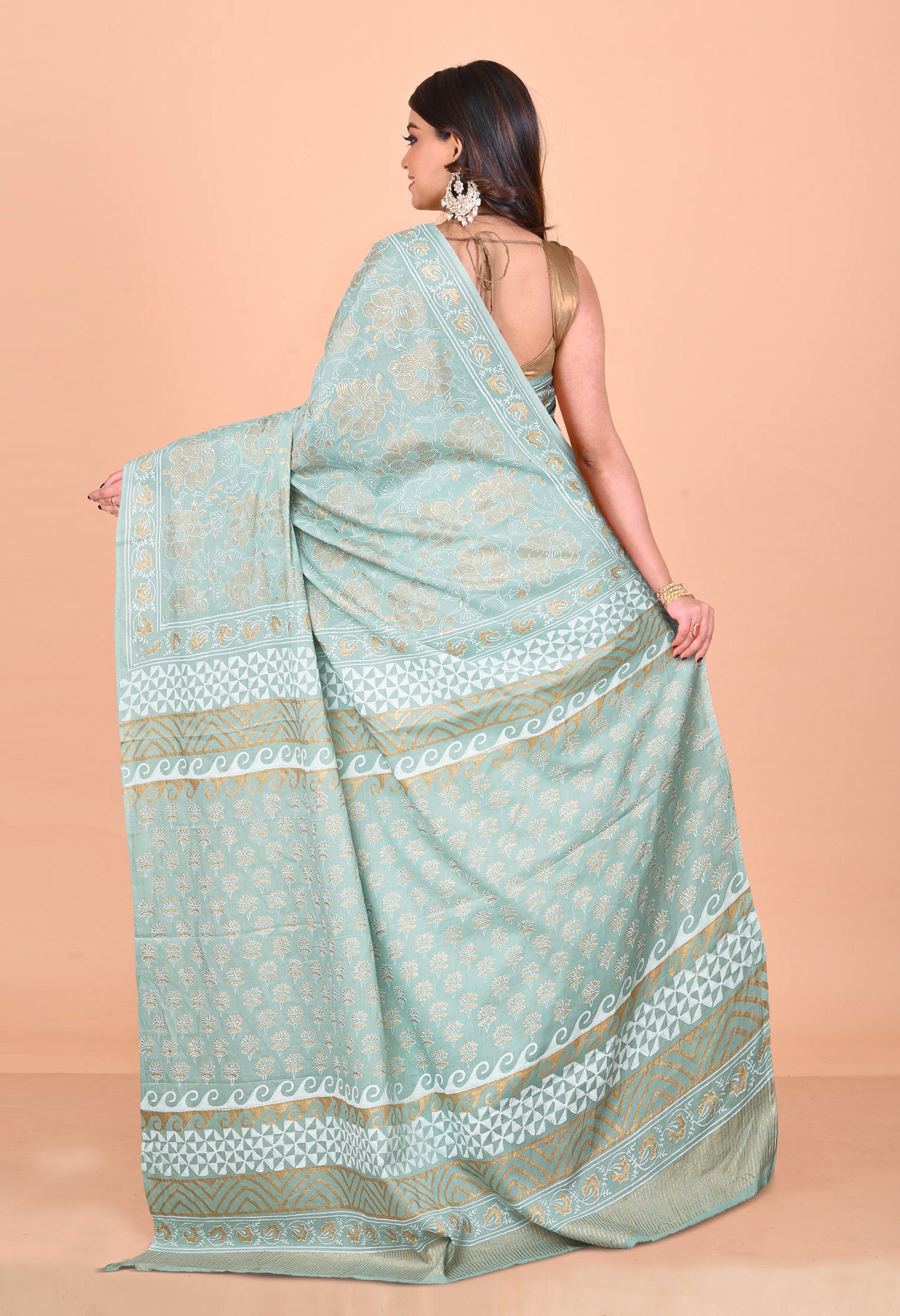 Pale Green Pure Gold Embossed Printed Soft Cotton Saree-UNM80996