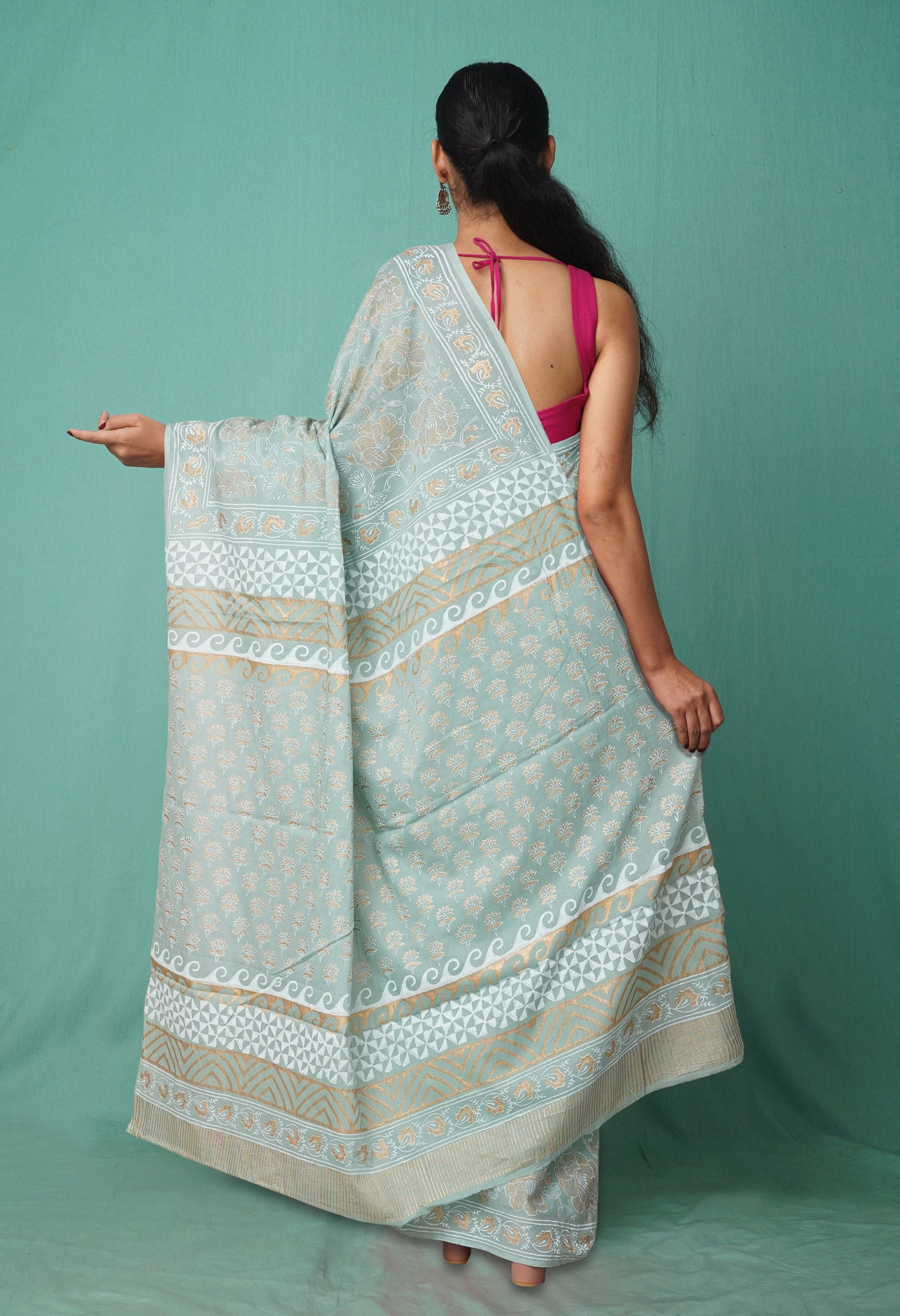 Pale Green Pure Gold Embossed Printed Soft Cotton Saree-UNM80996