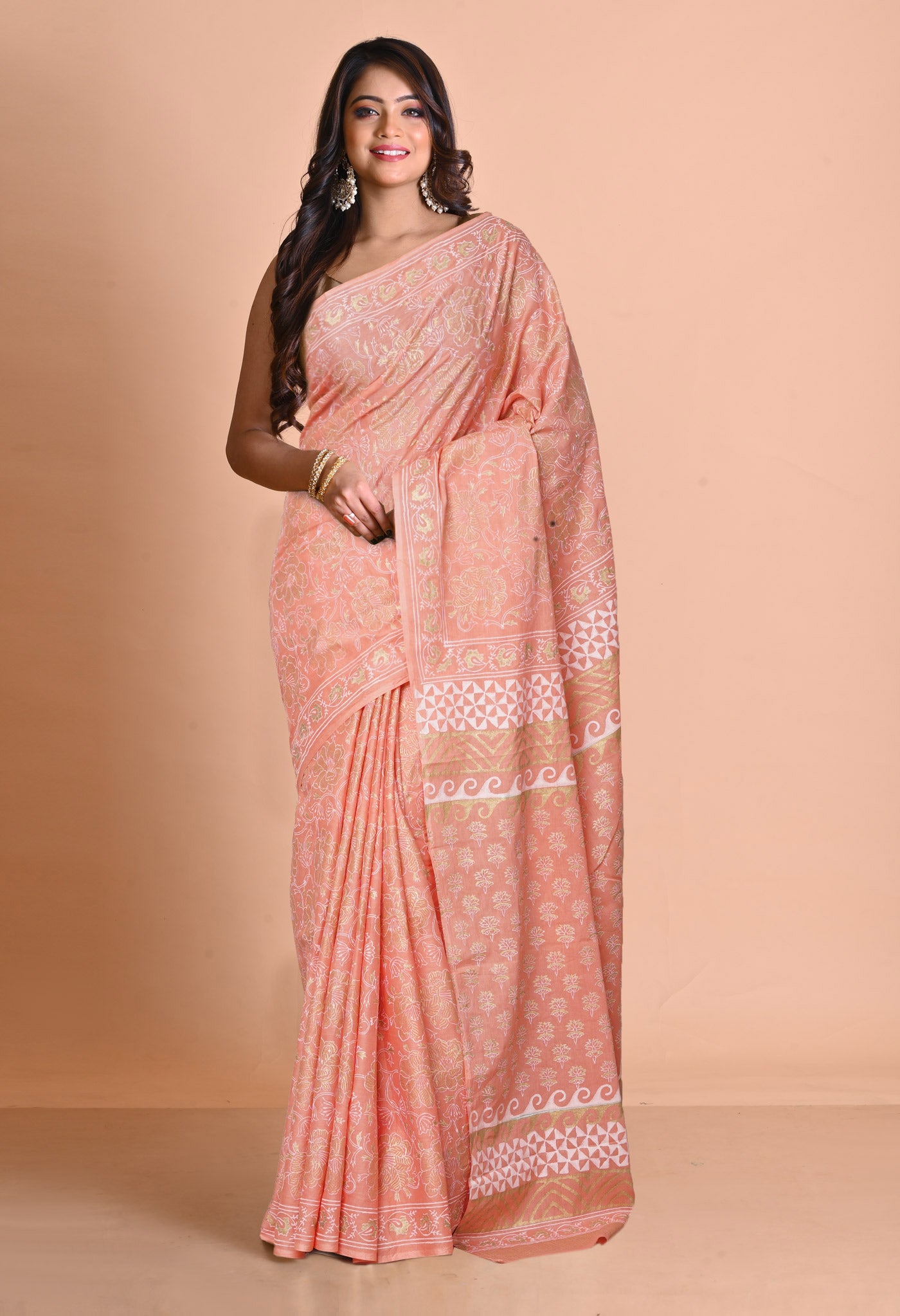 Orange Pure Gold Embossed Printed Soft Cotton Saree-UNM80997