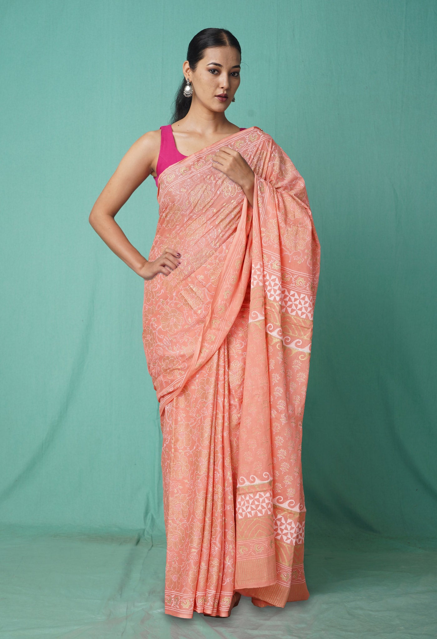 Orange Pure Gold Embossed Printed Soft Cotton Saree-UNM80997