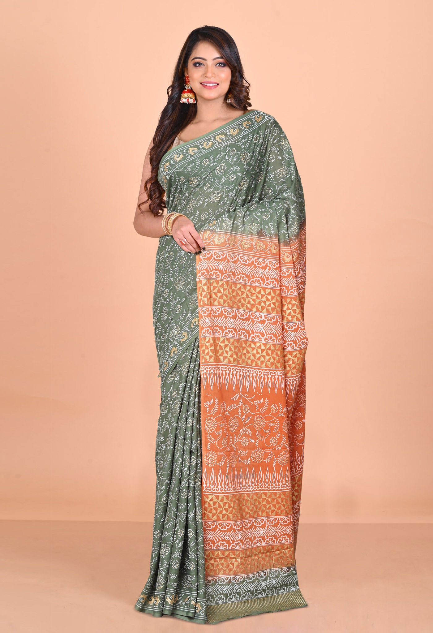 Green-Orange Pure Gold Embossed Printed Soft Cotton Saree-UNM80999