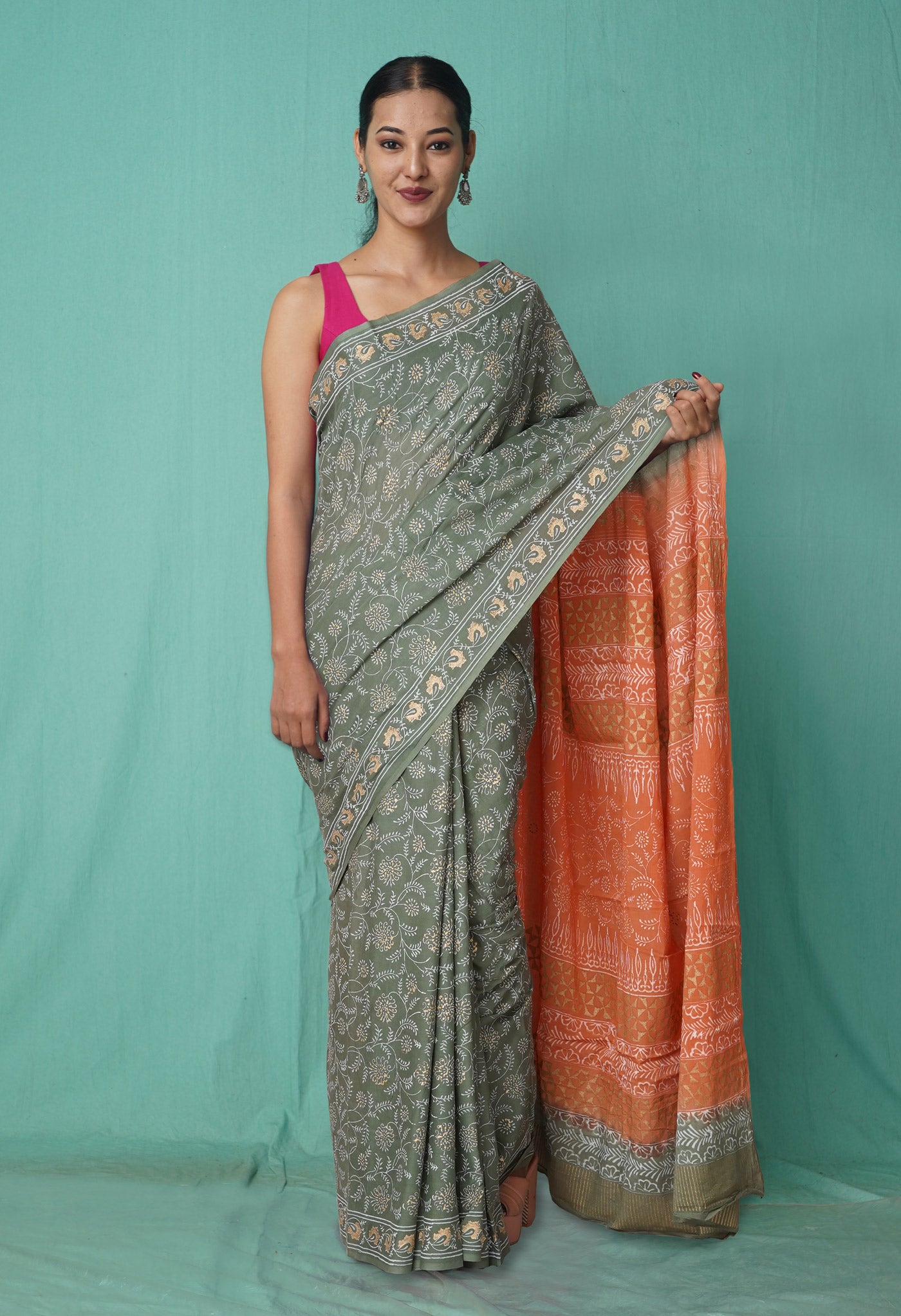 Green-Orange Pure Gold Embossed Printed Soft Cotton Saree-UNM80999