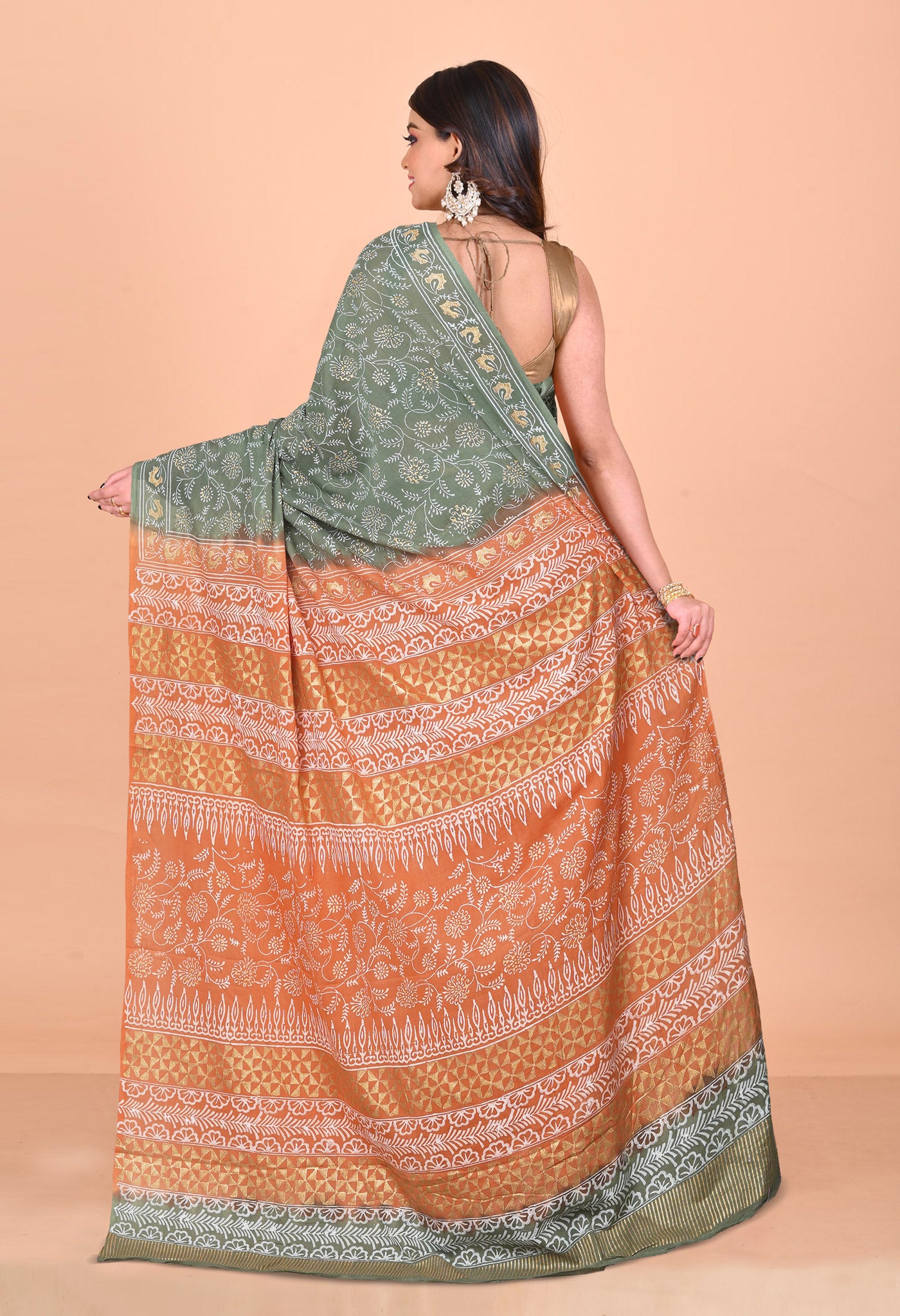 Green-Orange Pure Gold Embossed Printed Soft Cotton Saree-UNM80999