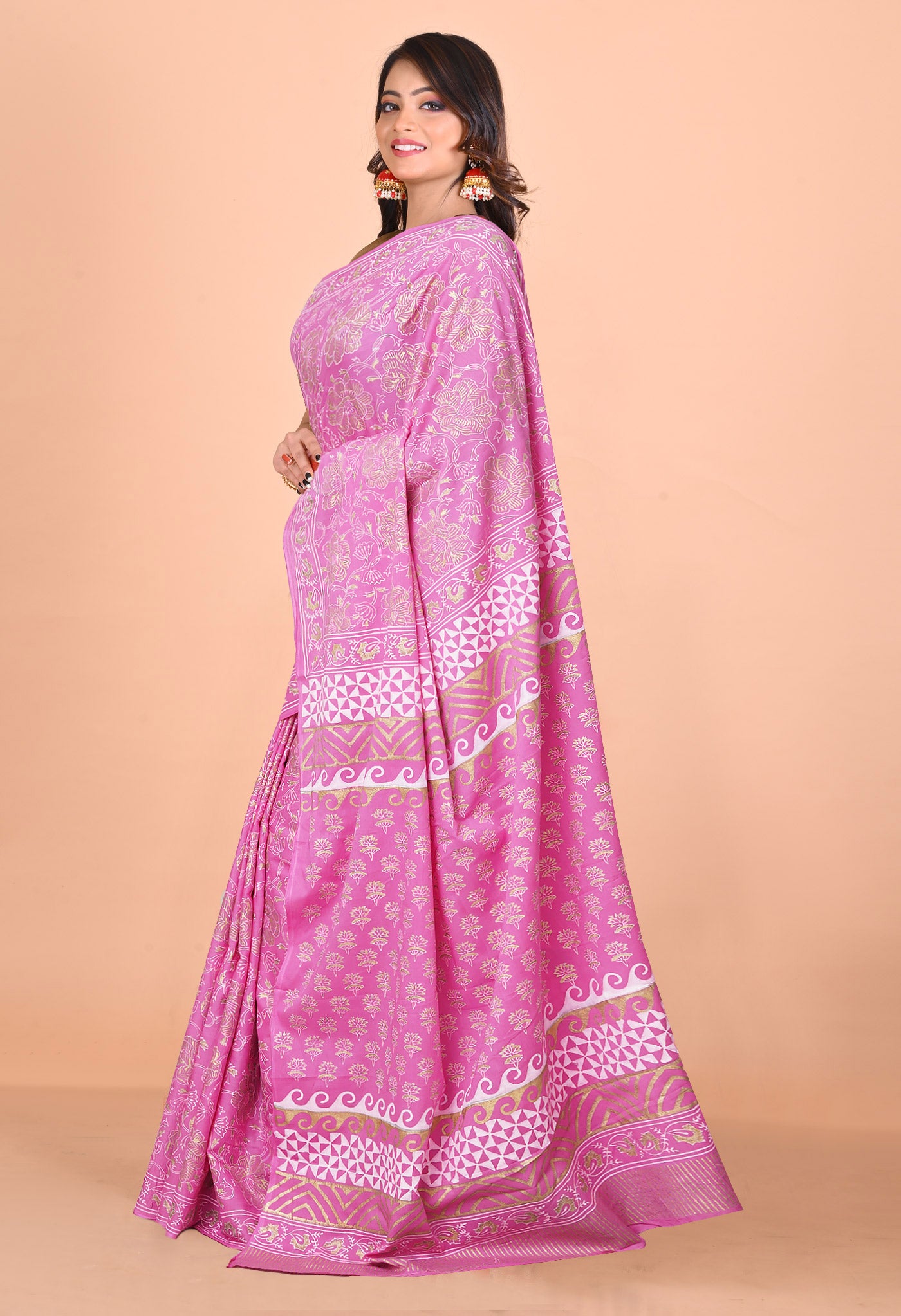 Pink Pure Gold Embossed Printed Soft Cotton Saree-UNM81000