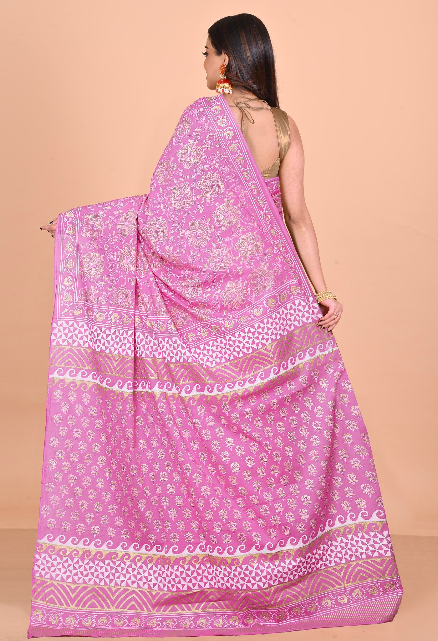 Pink Pure Gold Embossed Printed Soft Cotton Saree-UNM81000