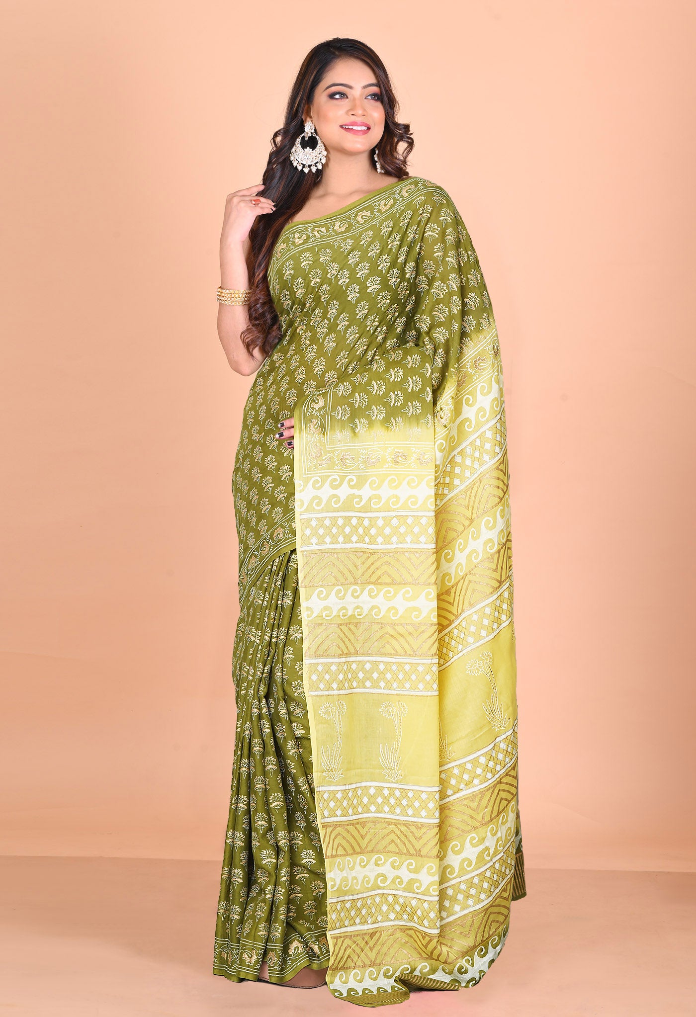 Green-Yellow Pure Gold Embossed Printed Soft Cotton Saree-UNM81001