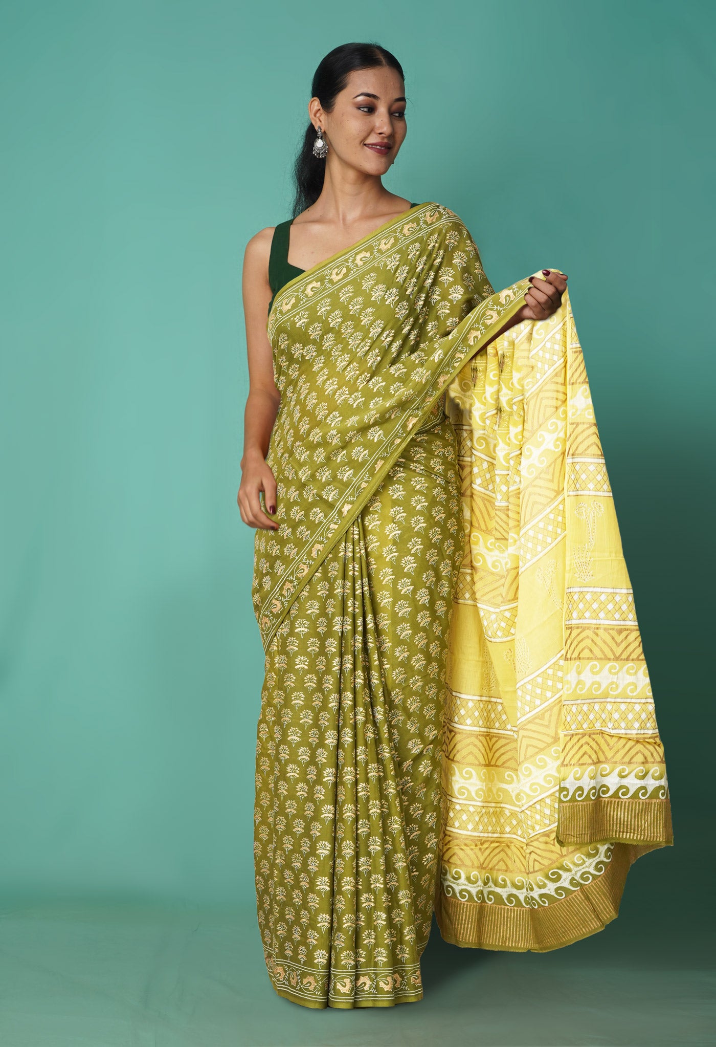 Green-Yellow Pure Gold Embossed Printed Soft Cotton Saree-UNM81001