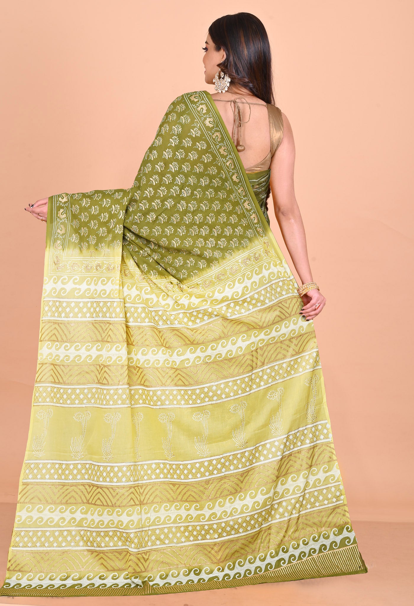 Green-Yellow Pure Gold Embossed Printed Soft Cotton Saree-UNM81001