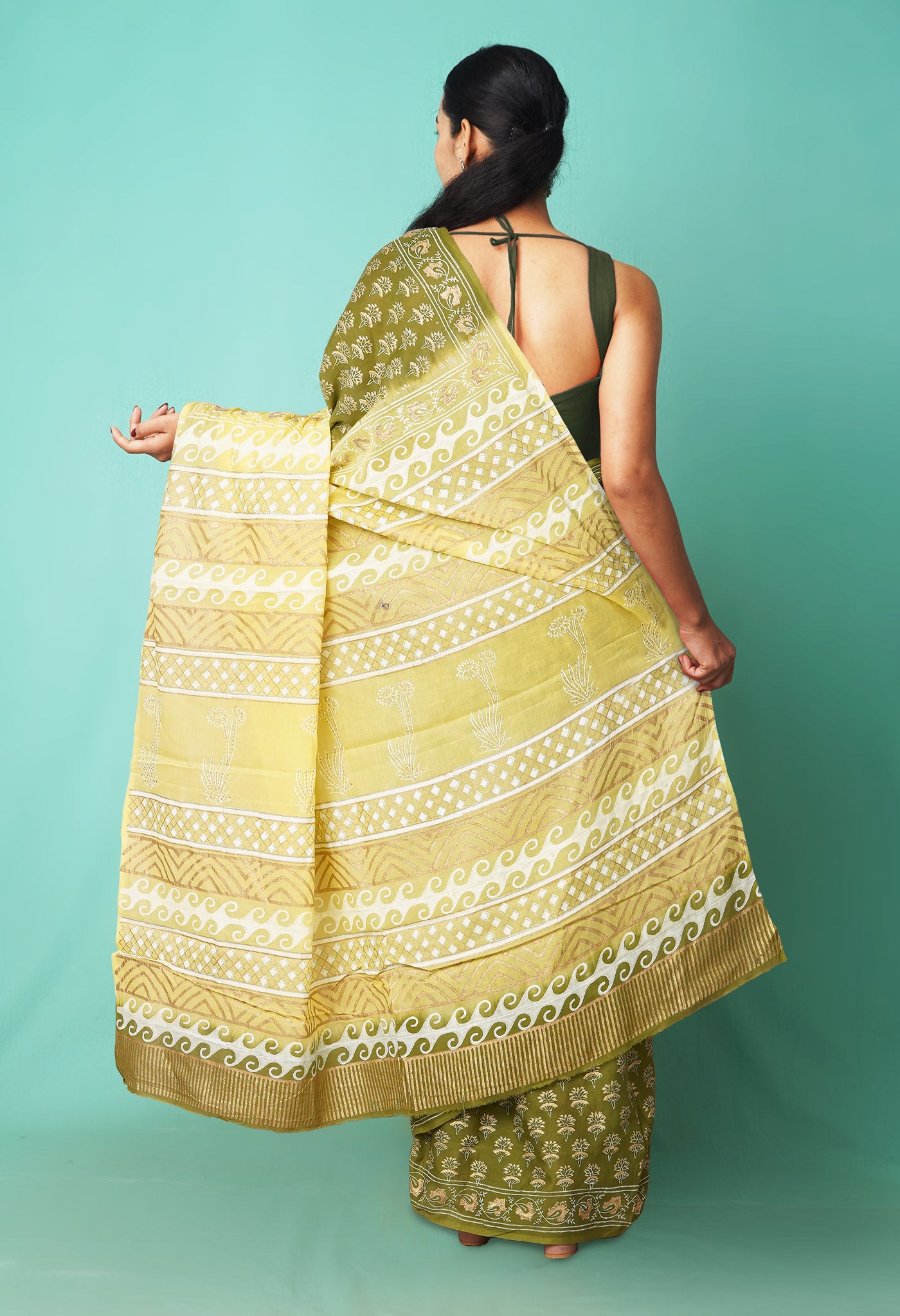 Green-Yellow Pure Gold Embossed Printed Soft Cotton Saree-UNM81001