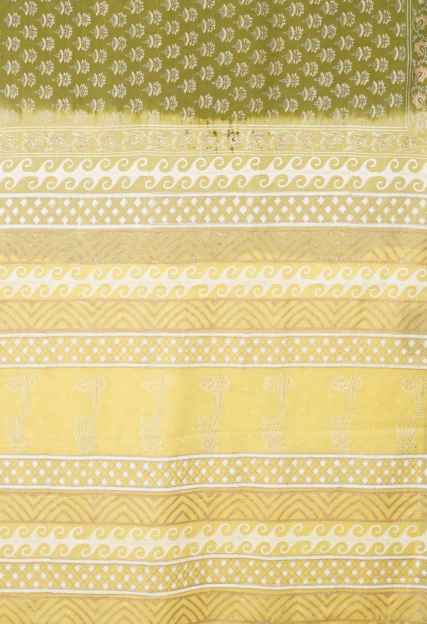 Green-Yellow Pure Gold Embossed Printed Soft Cotton Saree-UNM81001