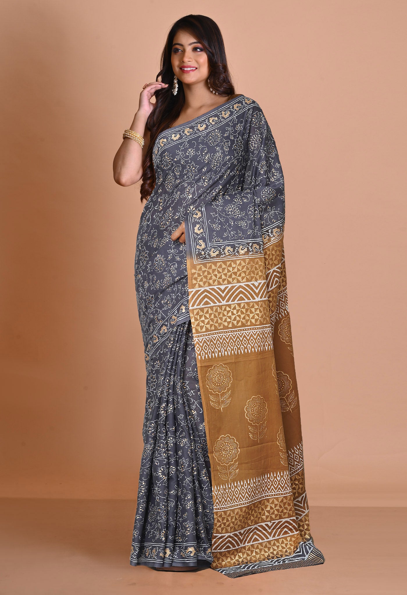 Grey-Brown Pure Gold Embossed Printed Soft Cotton Saree-UNM81002