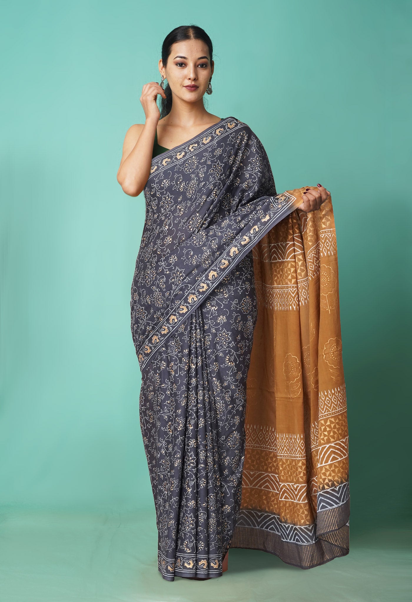 Grey-Brown Pure Gold Embossed Printed Soft Cotton Saree-UNM81002