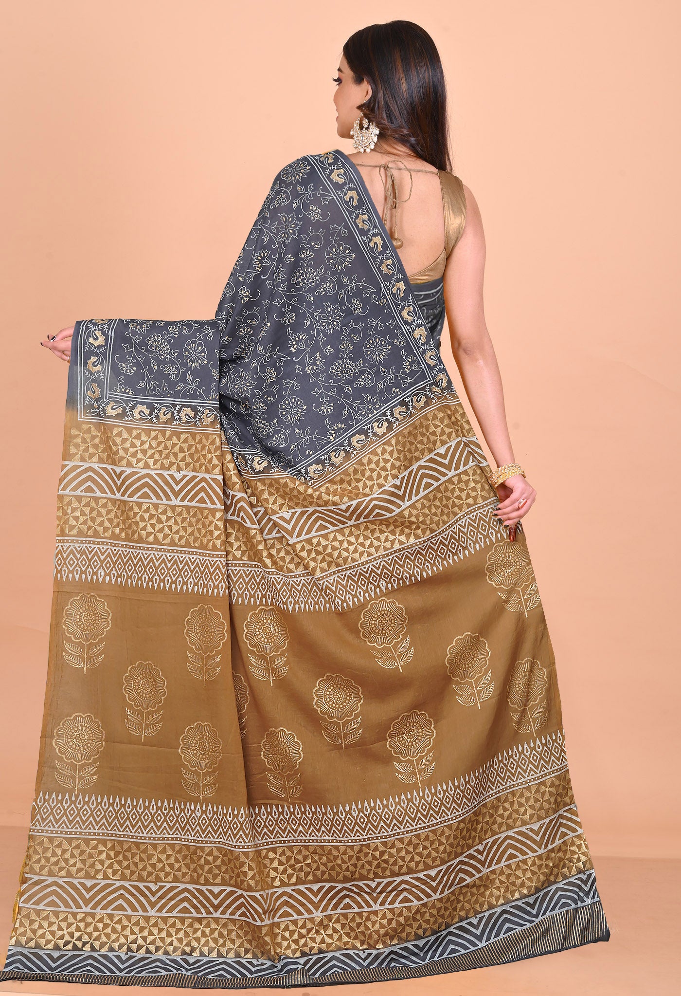 Grey-Brown Pure Gold Embossed Printed Soft Cotton Saree-UNM81002