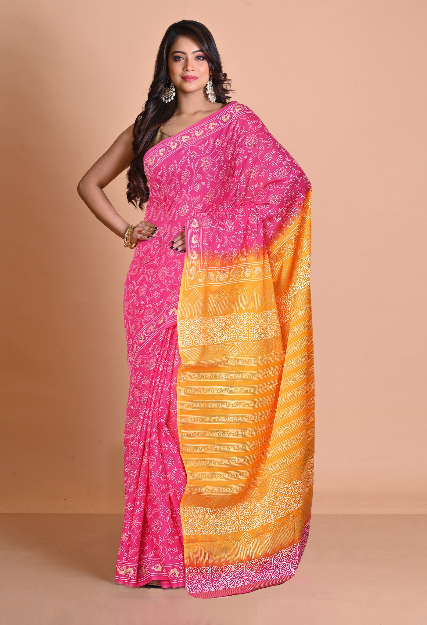 Pink-Yellow Pure Gold Embossed Printed Soft Cotton Saree-UNM81003