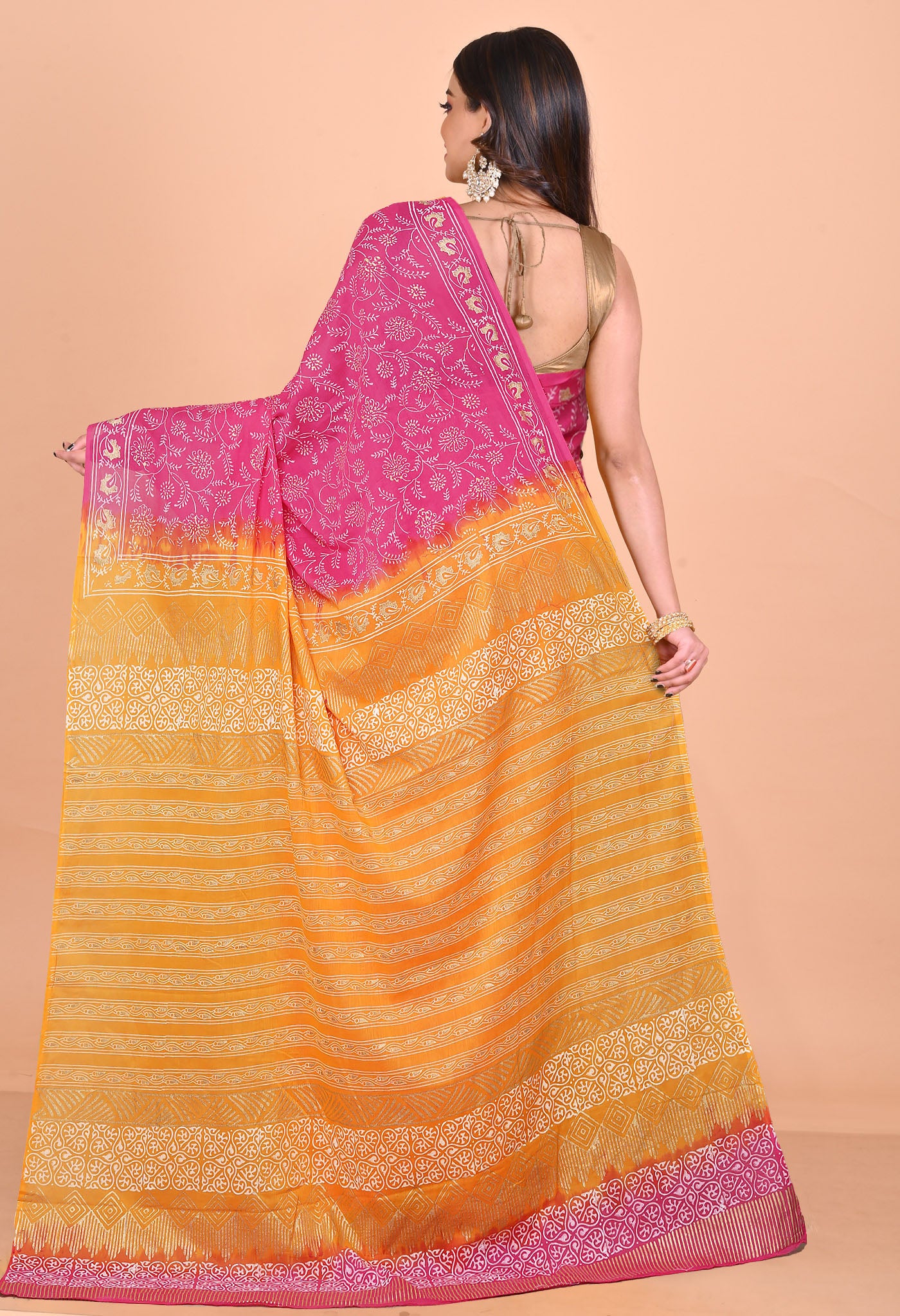 Pink-Yellow Pure Gold Embossed Printed Soft Cotton Saree-UNM81003