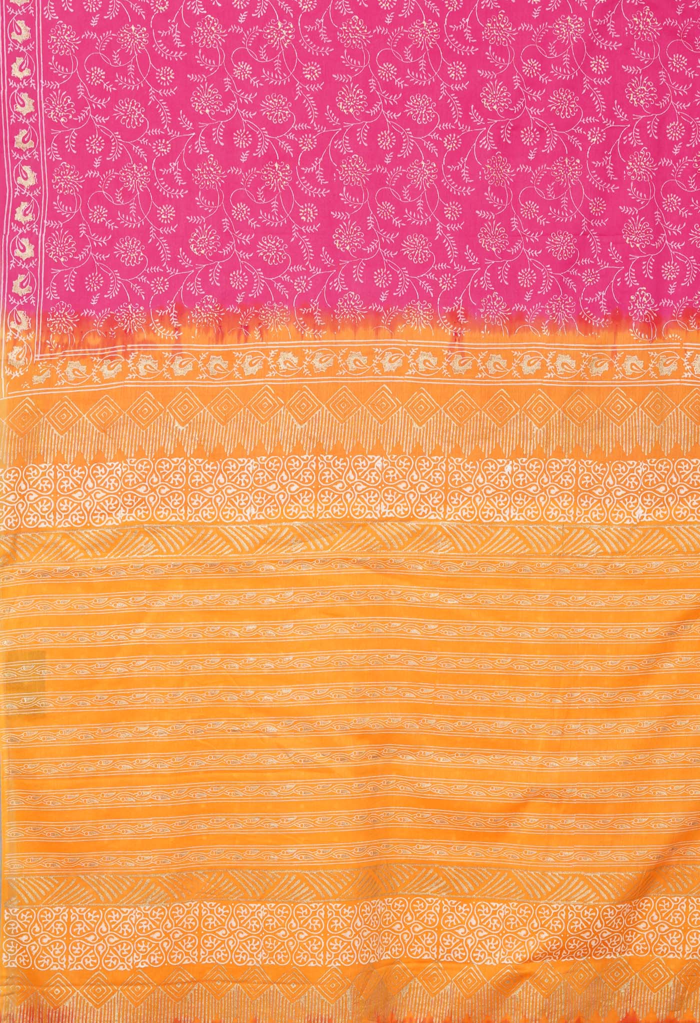 Pink-Yellow Pure Gold Embossed Printed Soft Cotton Saree-UNM81003