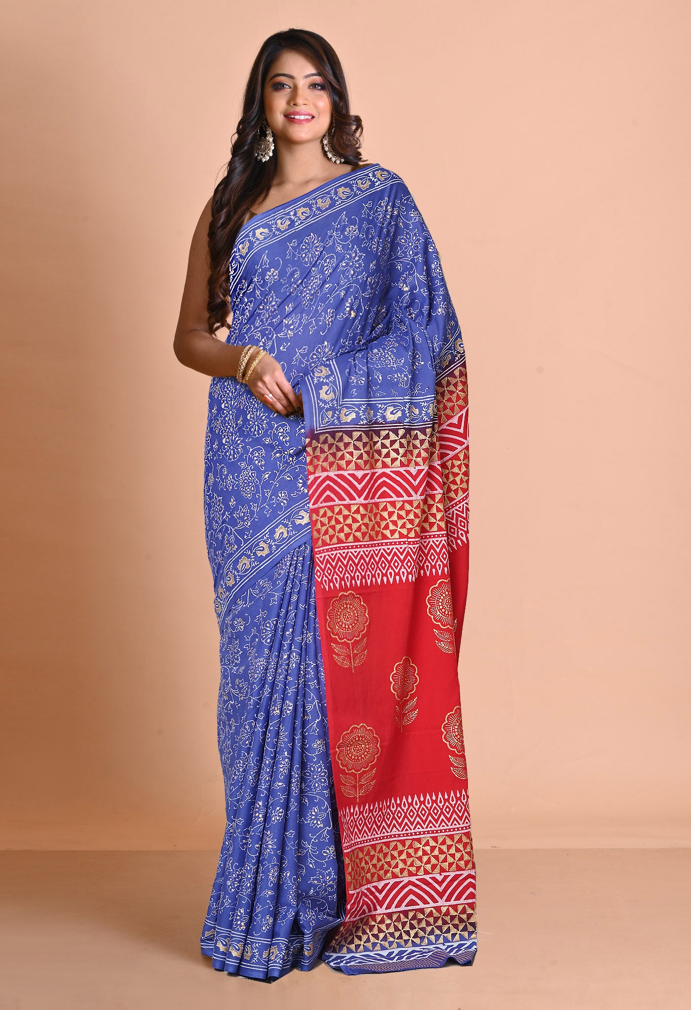 Blue-Red Pure Gold Embossed Printed Soft Cotton Saree-UNM81004