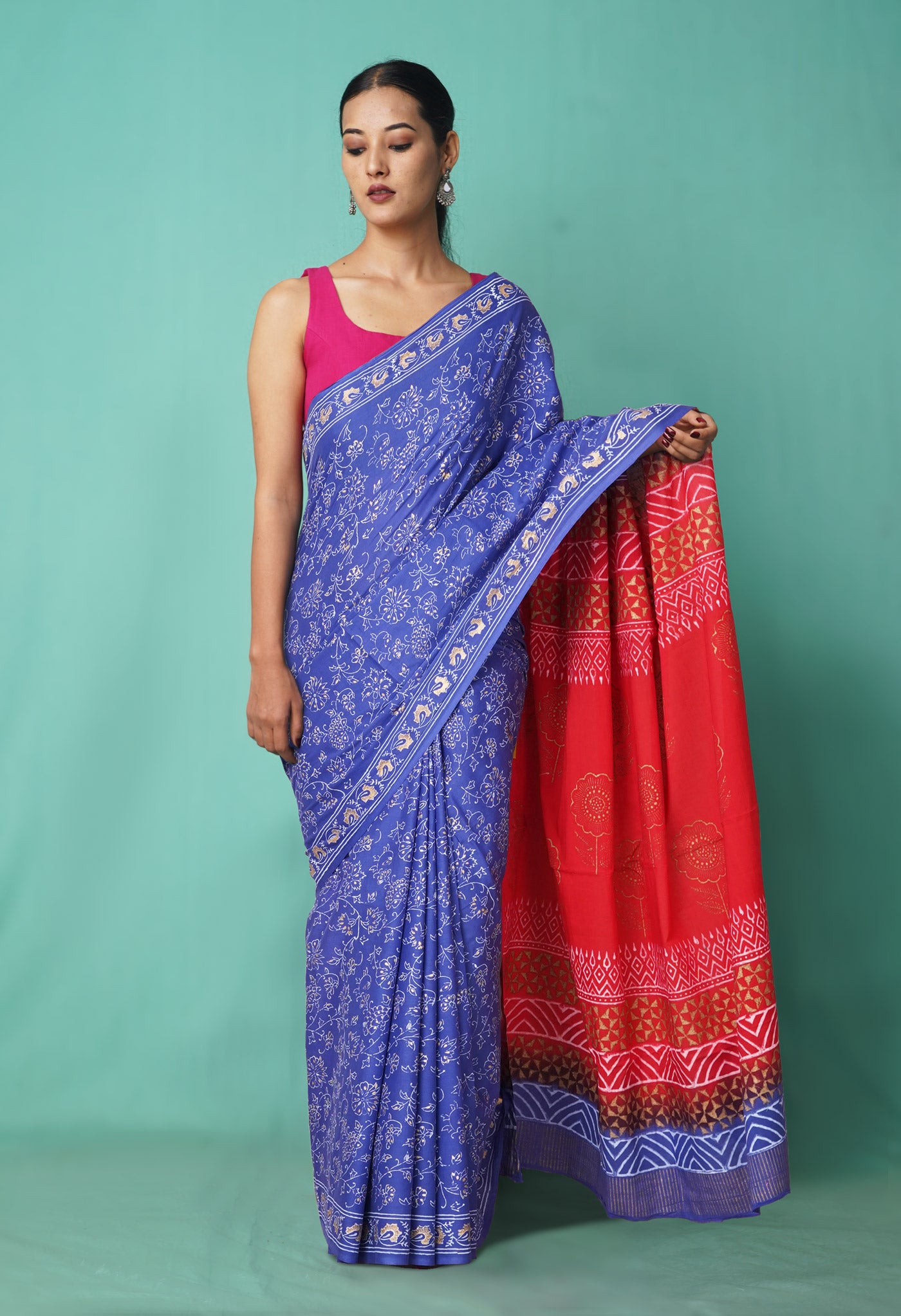 Blue-Red Pure Gold Embossed Printed Soft Cotton Saree-UNM81004