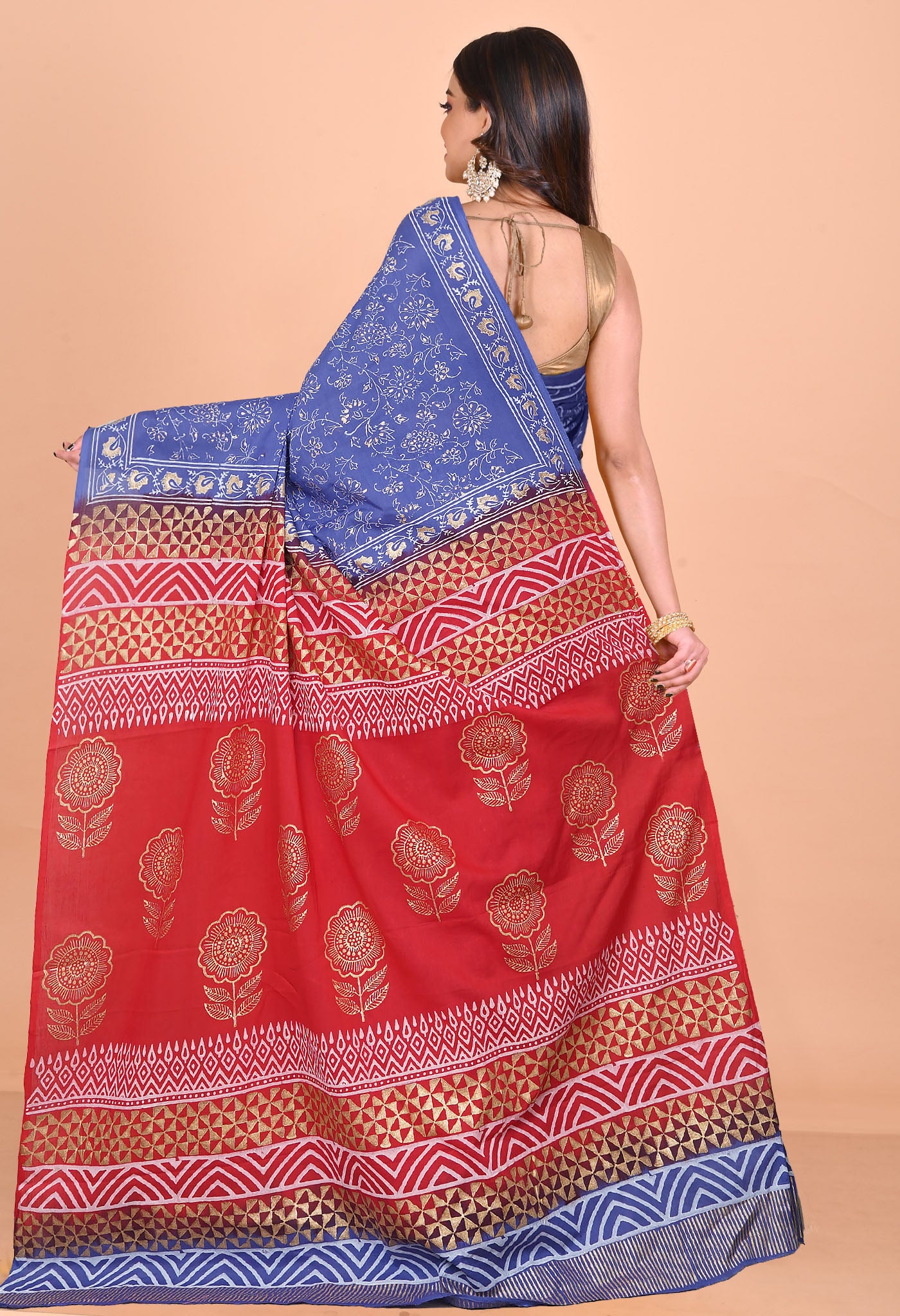 Blue-Red Pure Gold Embossed Printed Soft Cotton Saree-UNM81004