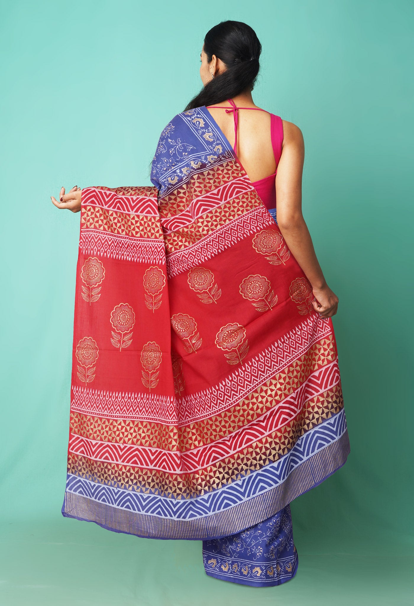 Blue-Red Pure Gold Embossed Printed Soft Cotton Saree-UNM81004