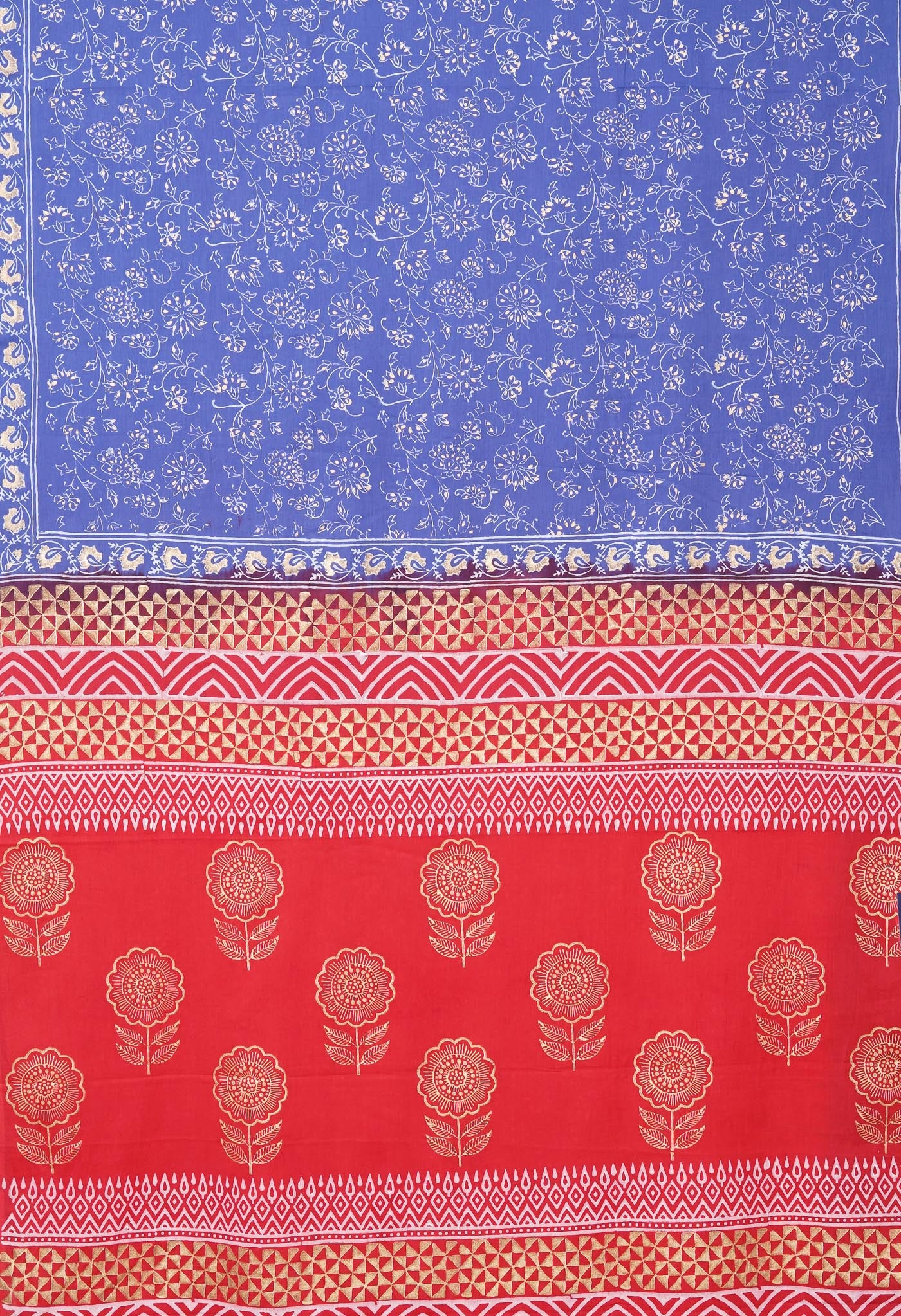 Blue-Red Pure Gold Embossed Printed Soft Cotton Saree-UNM81004