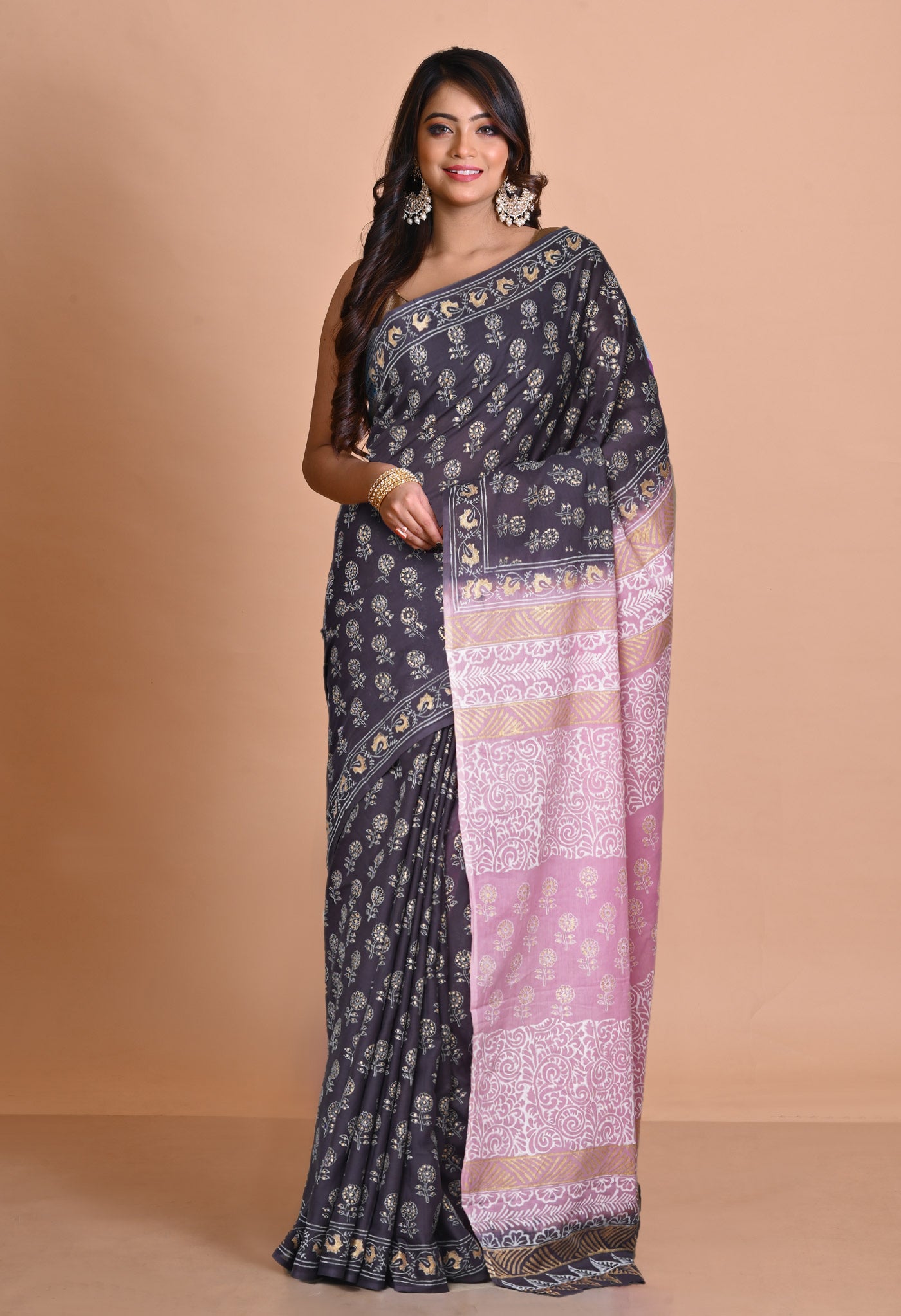 Black-Pink Pure Gold Embossed Printed Soft Cotton Saree-UNM81005