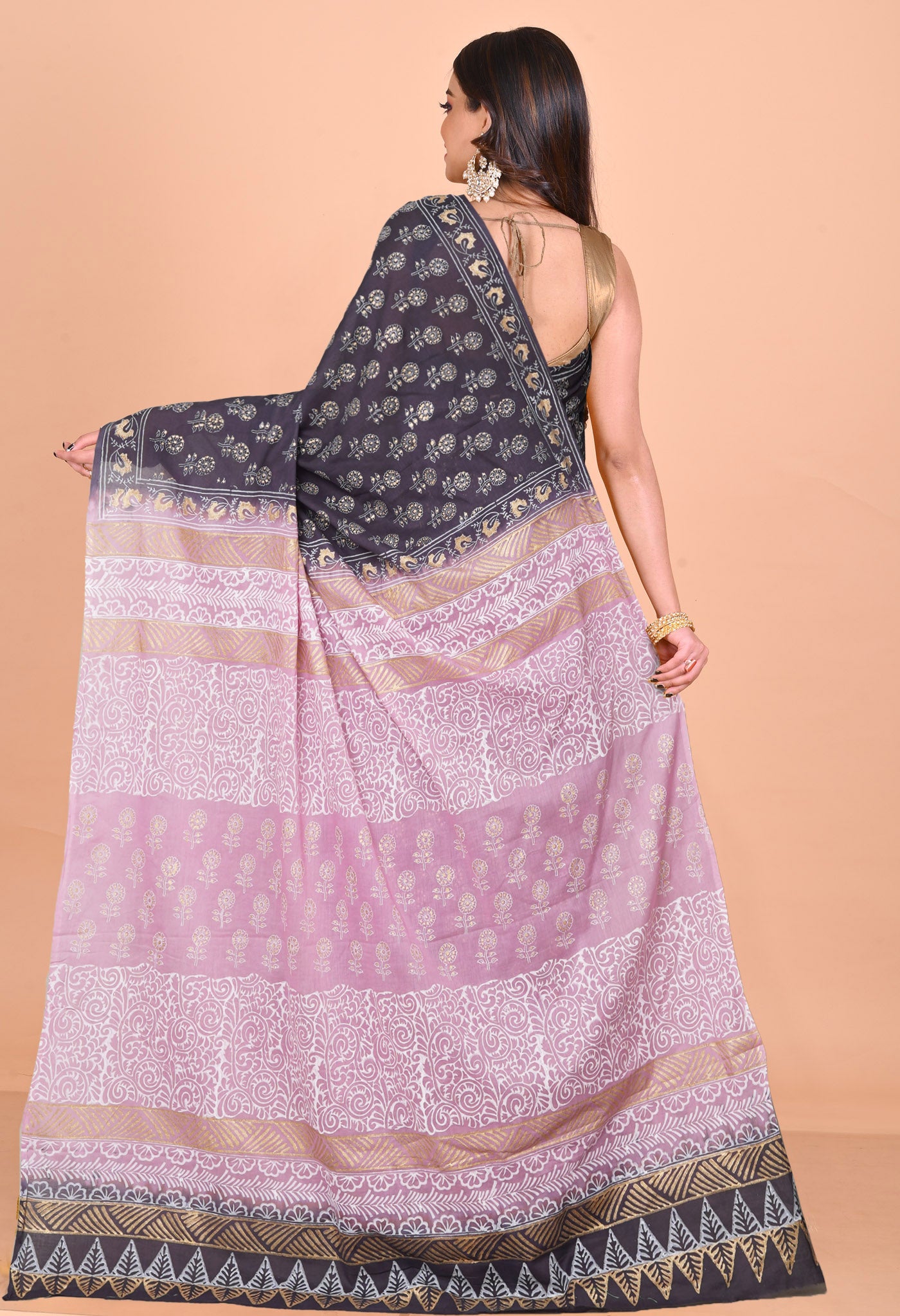 Black-Pink Pure Gold Embossed Printed Soft Cotton Saree-UNM81005