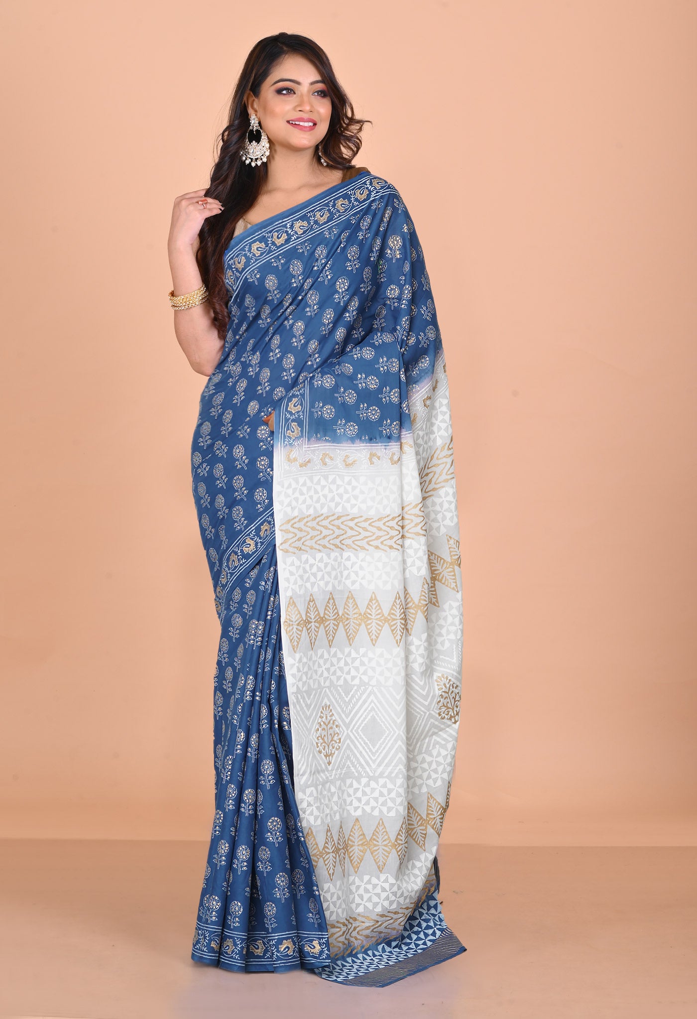 Blue-White Pure Gold Embossed Printed Soft Cotton Saree-UNM81006