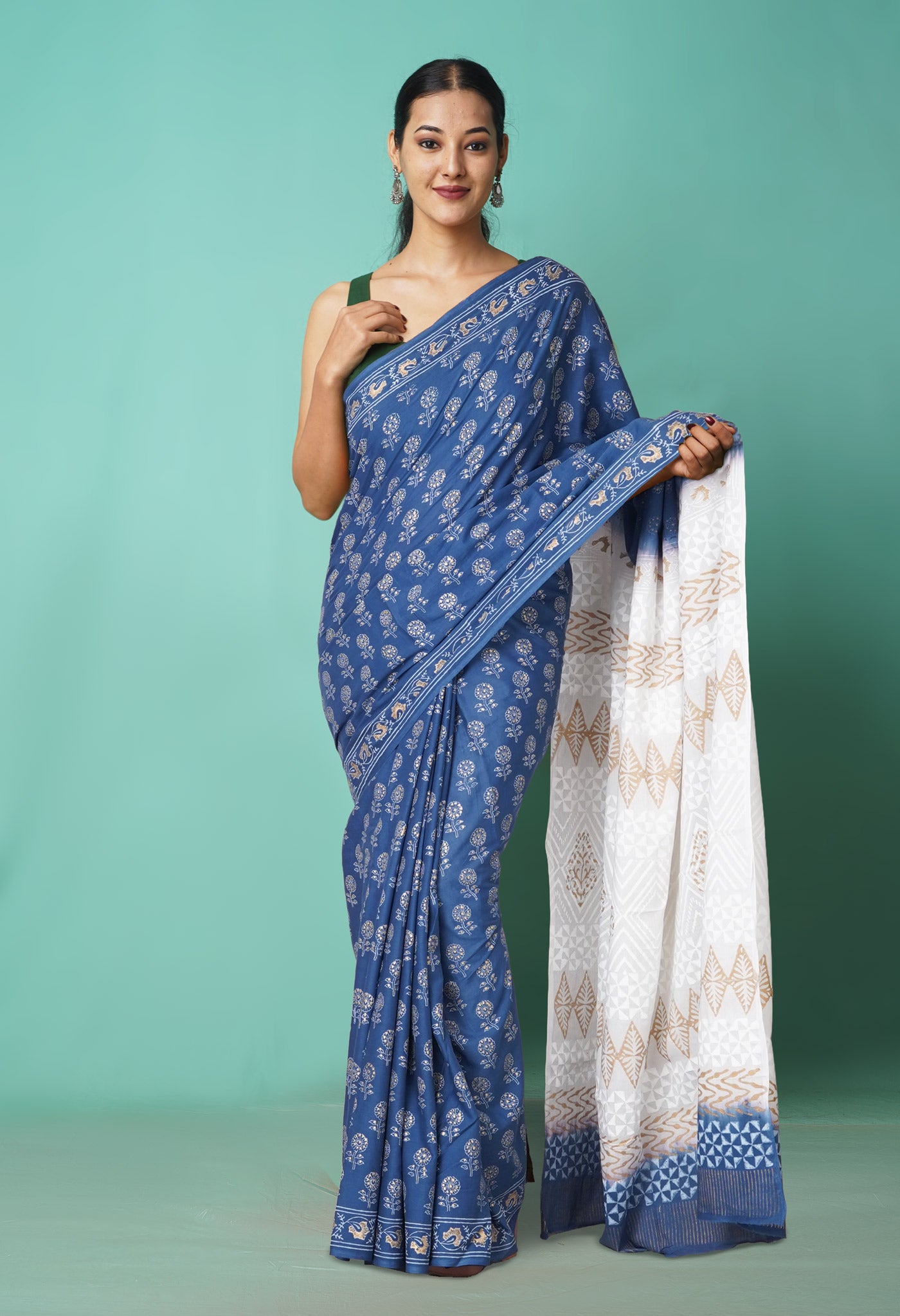 Blue-White Pure Gold Embossed Printed Soft Cotton Saree-UNM81006