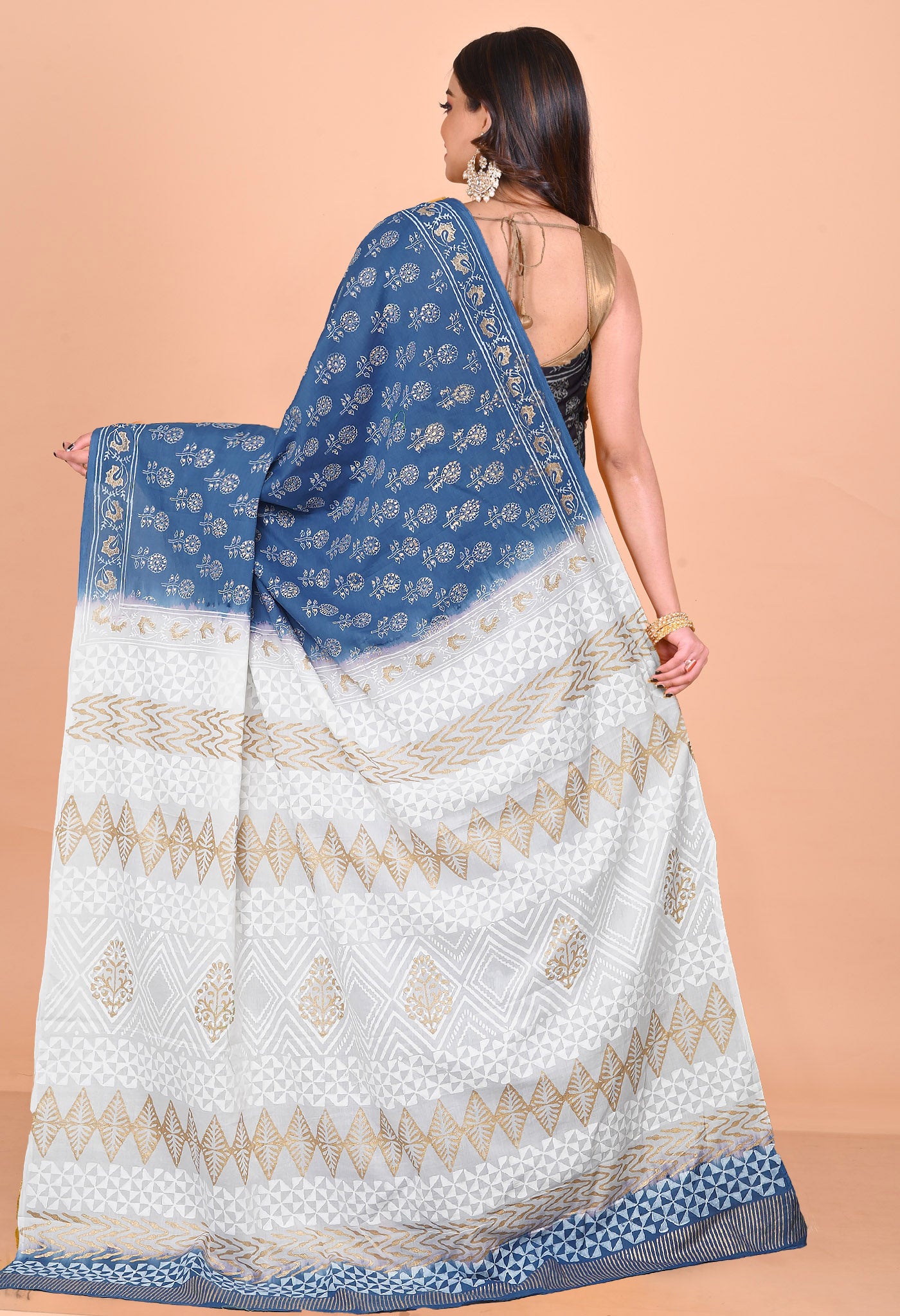 Blue-White Pure Gold Embossed Printed Soft Cotton Saree-UNM81006