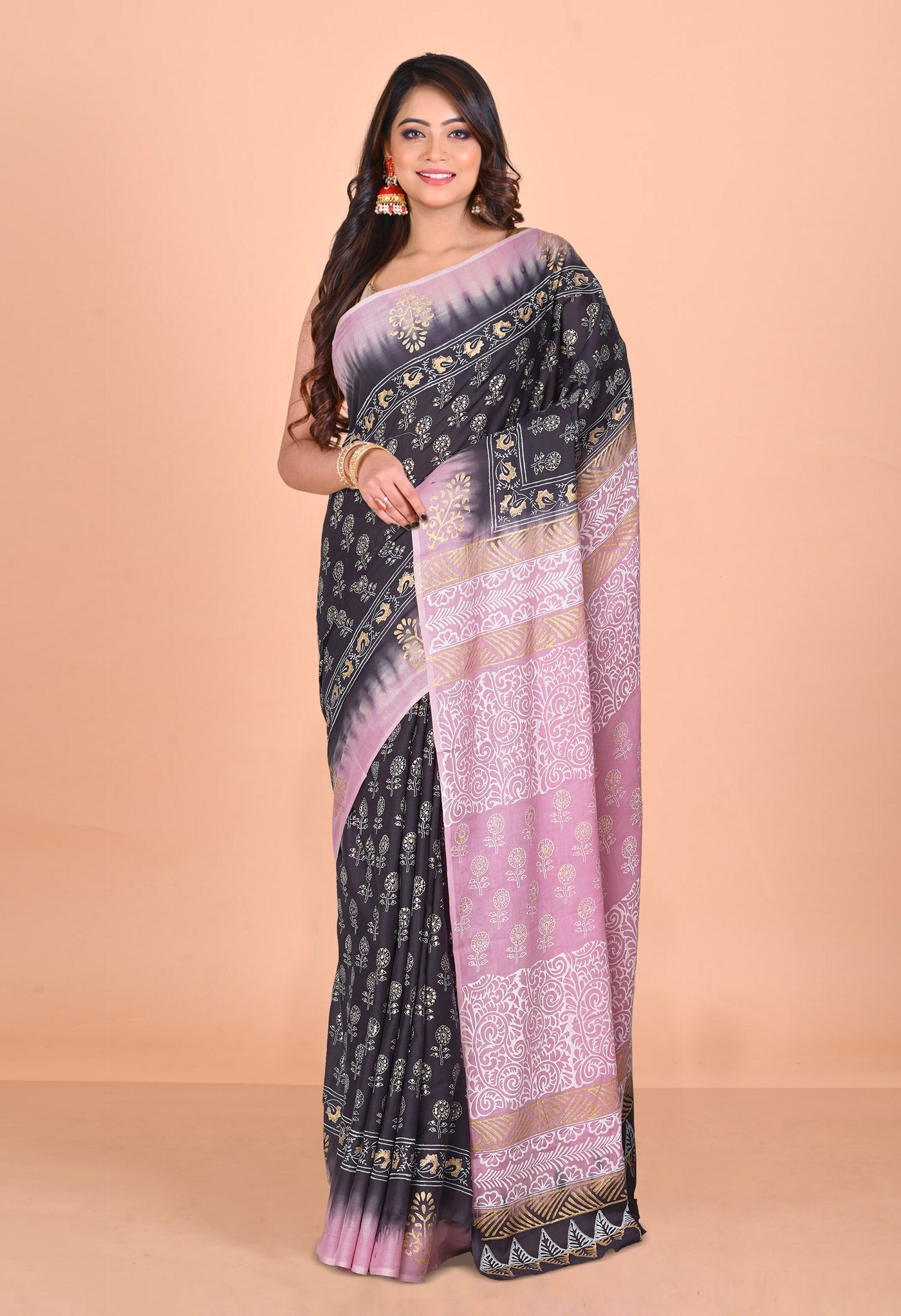 Black-Pink Pure Gold Embossed Printed Soft Cotton Saree-UNM81007