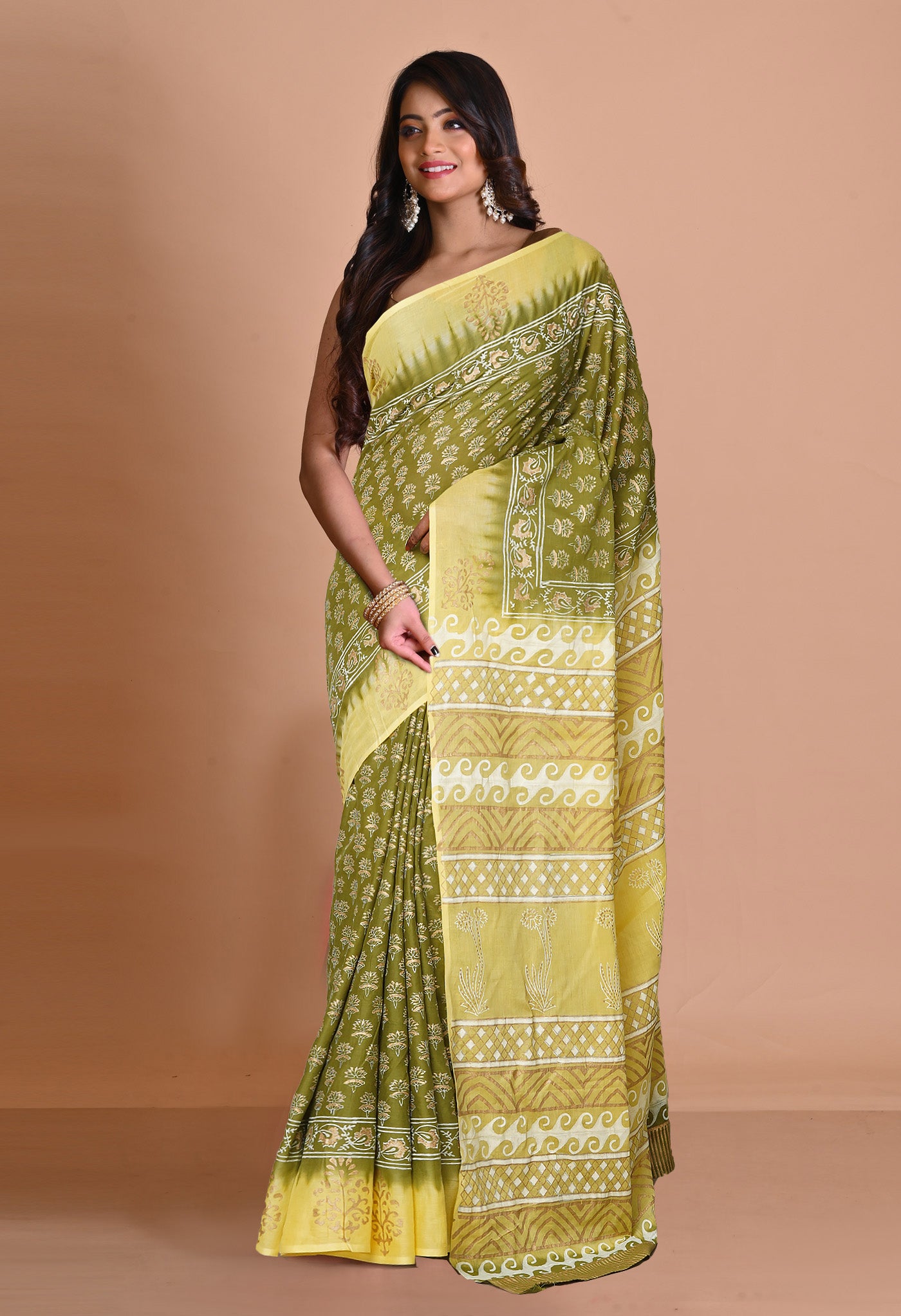 Green-Yellow Pure Gold Embossed Printed Soft Cotton Saree-UNM81009