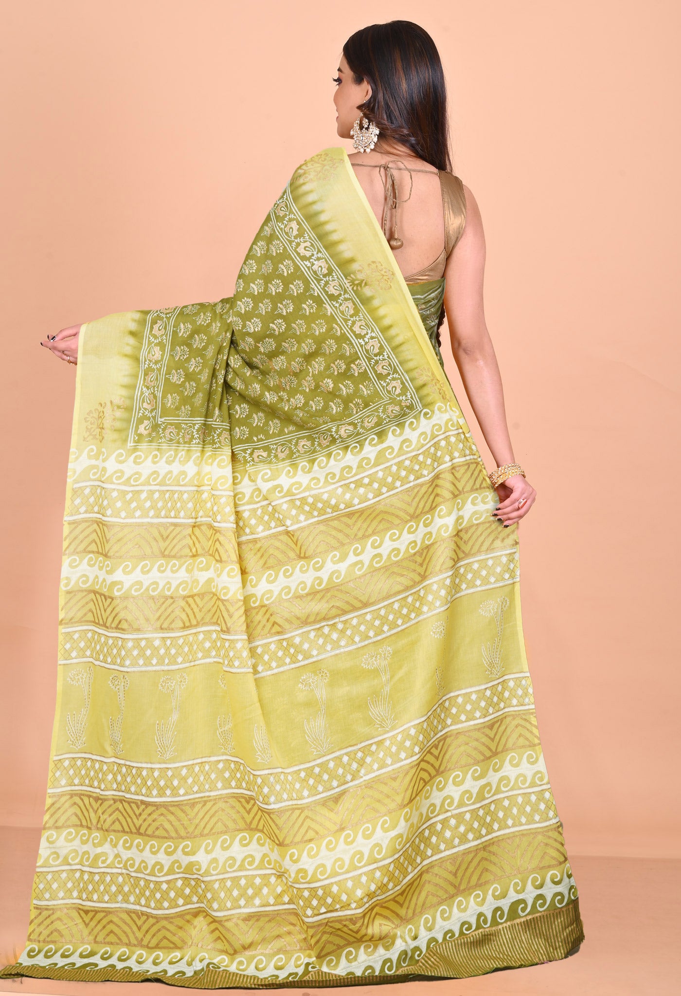 Green-Yellow Pure Gold Embossed Printed Soft Cotton Saree-UNM81009