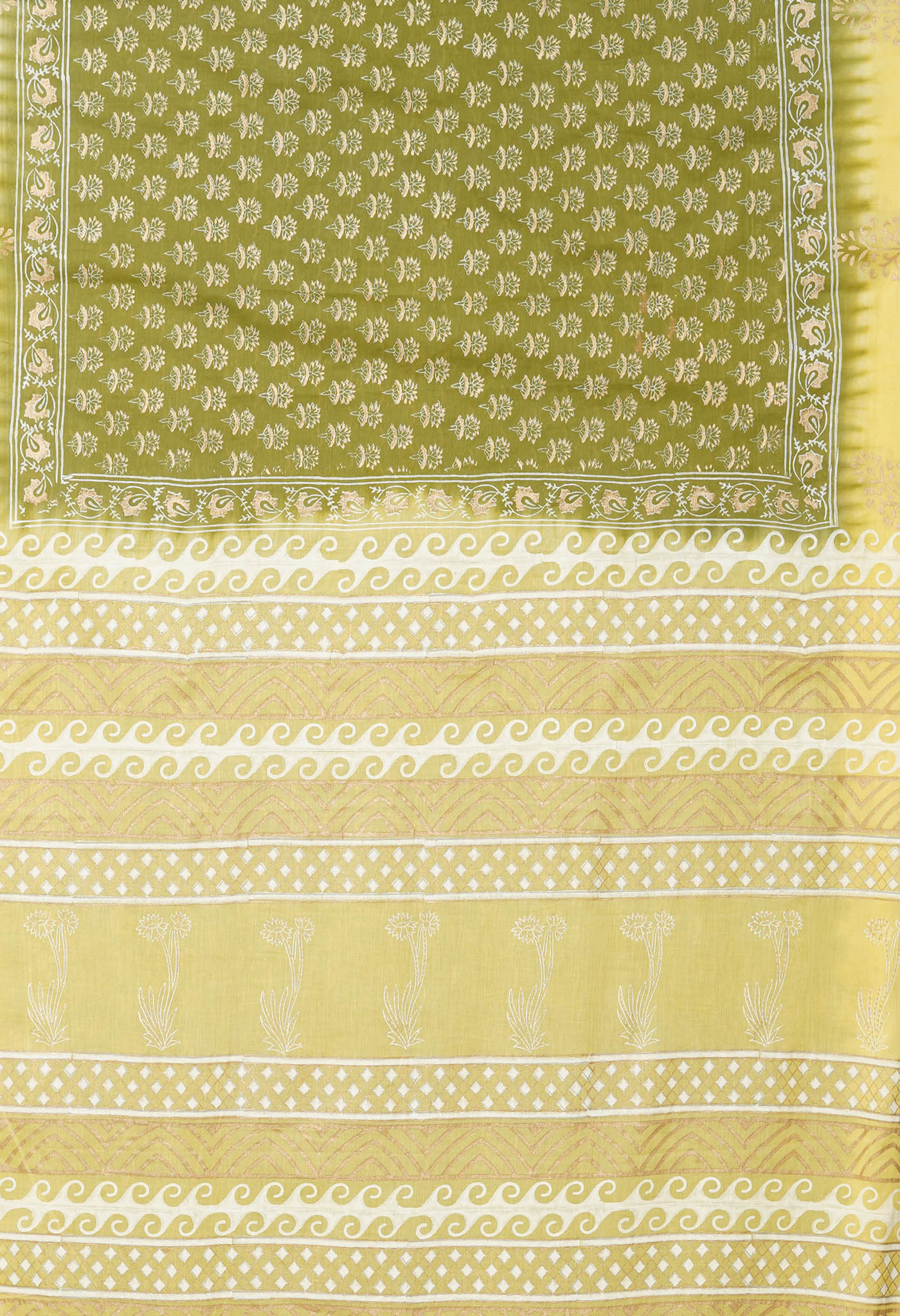 Green-Yellow Pure Gold Embossed Printed Soft Cotton Saree-UNM81009