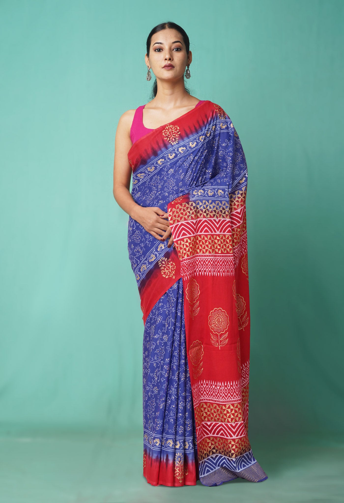 Blue-Red Pure Gold Embossed Printed Soft Cotton Saree-UNM81010