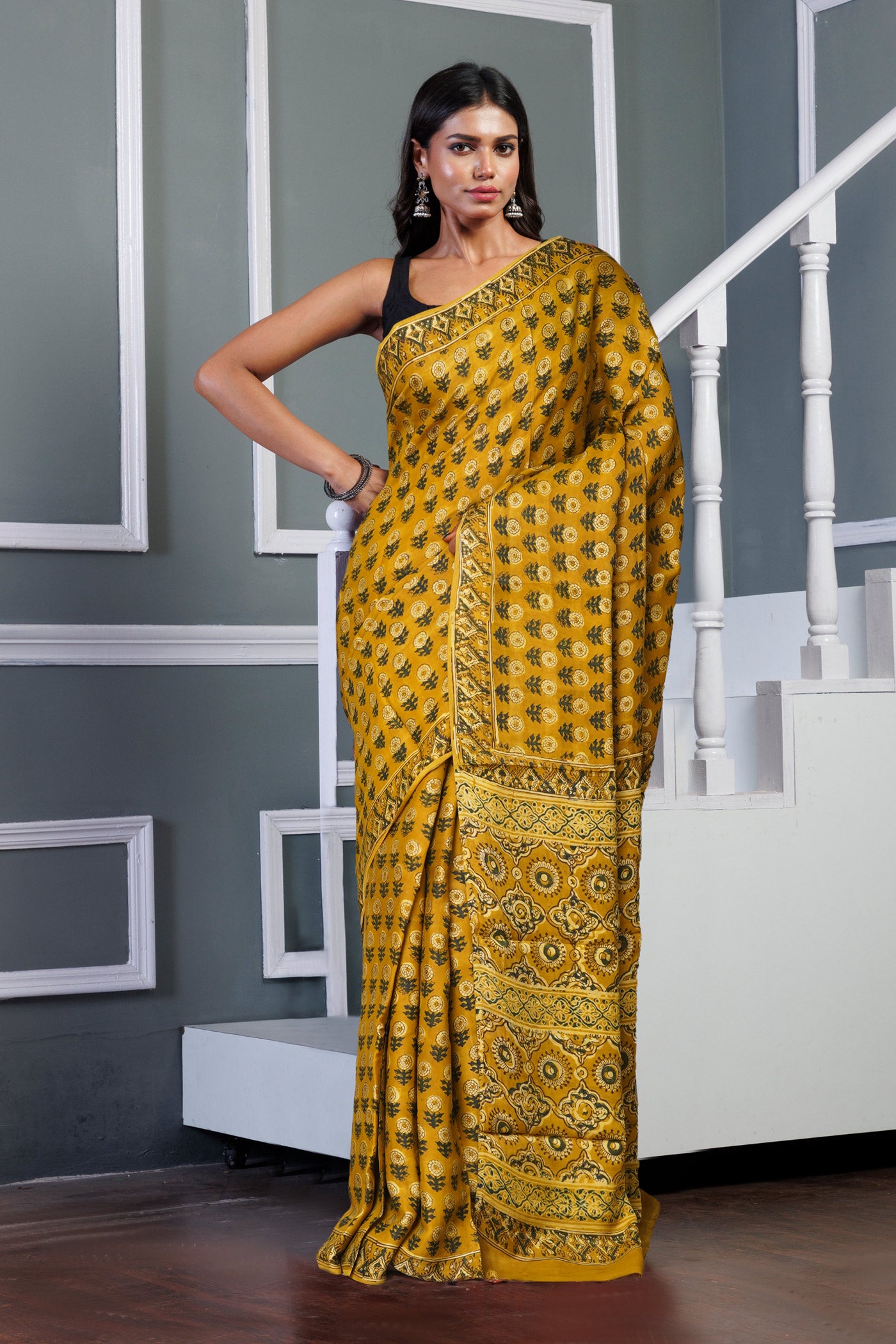 Yellow Pure Ajrakh Printed Gaji Soft Silk Saree-UNM81014