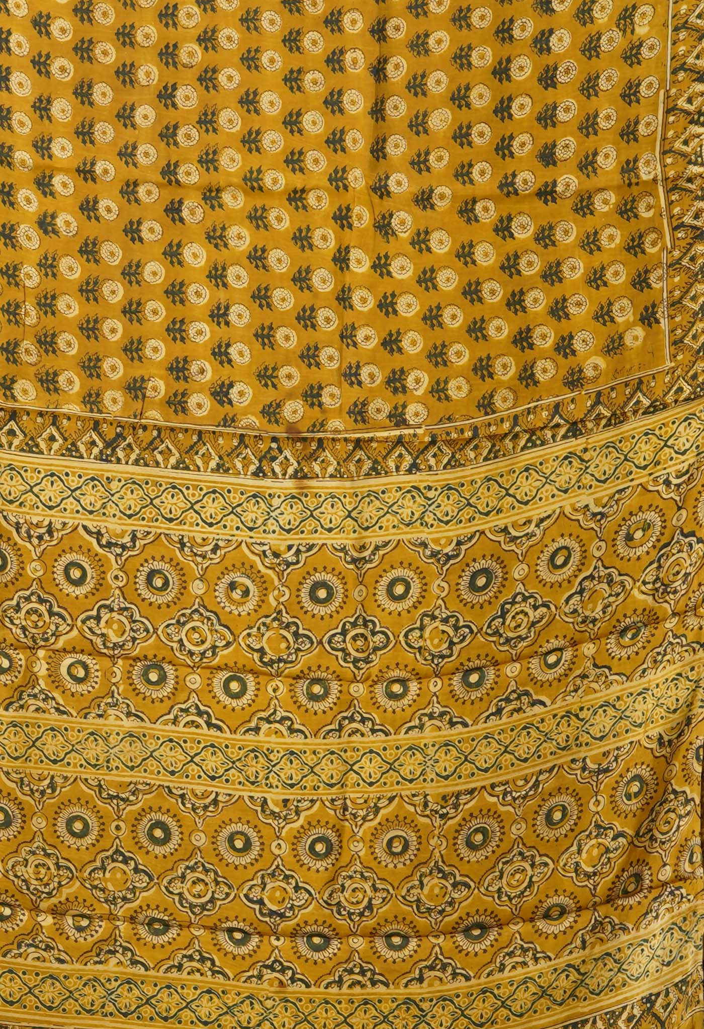 Yellow Pure Ajrakh Printed Gaji Soft Silk Saree-UNM81014