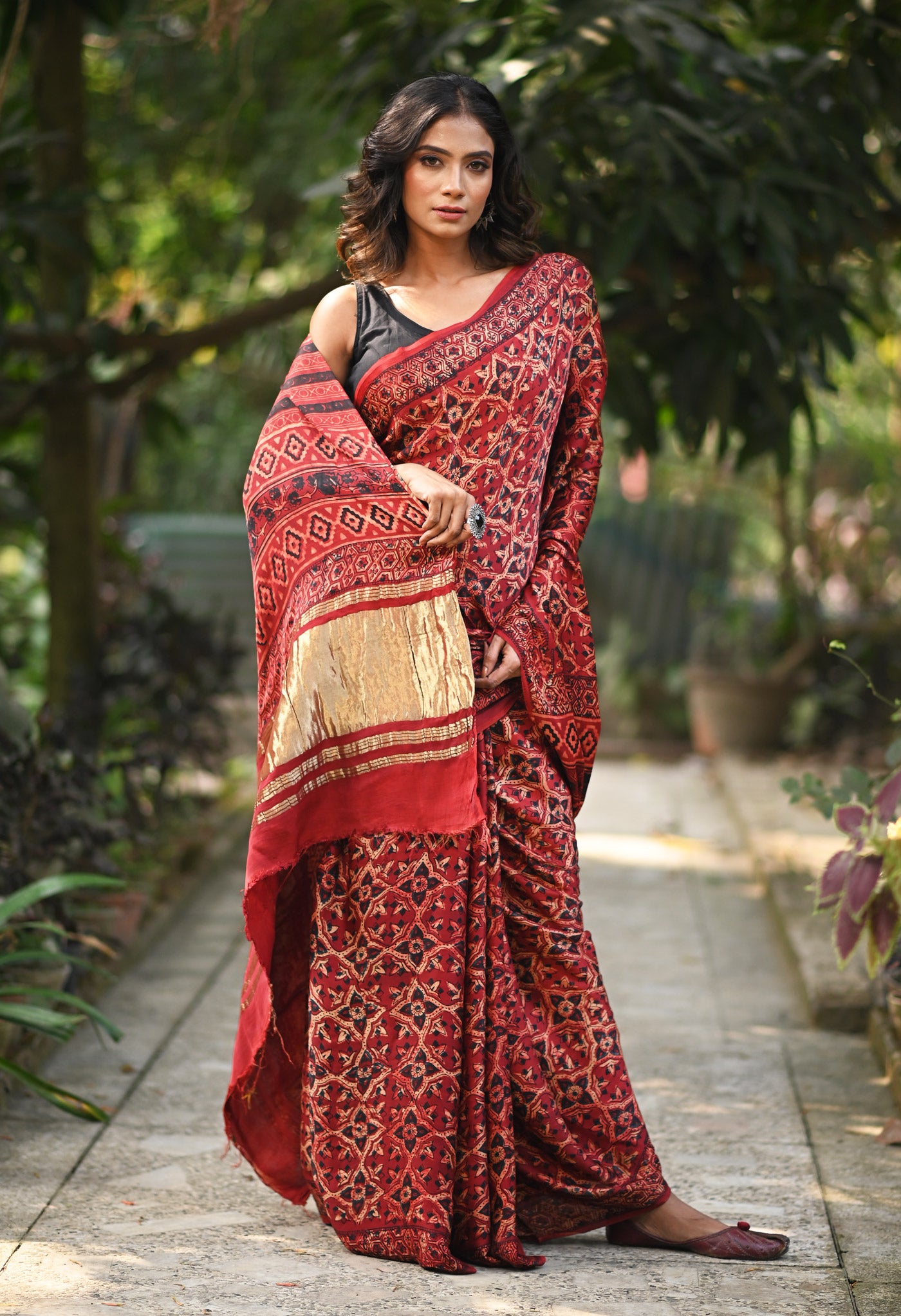 Red Pure Ajrakh Printed Gaji Soft Silk Saree-UNM81019