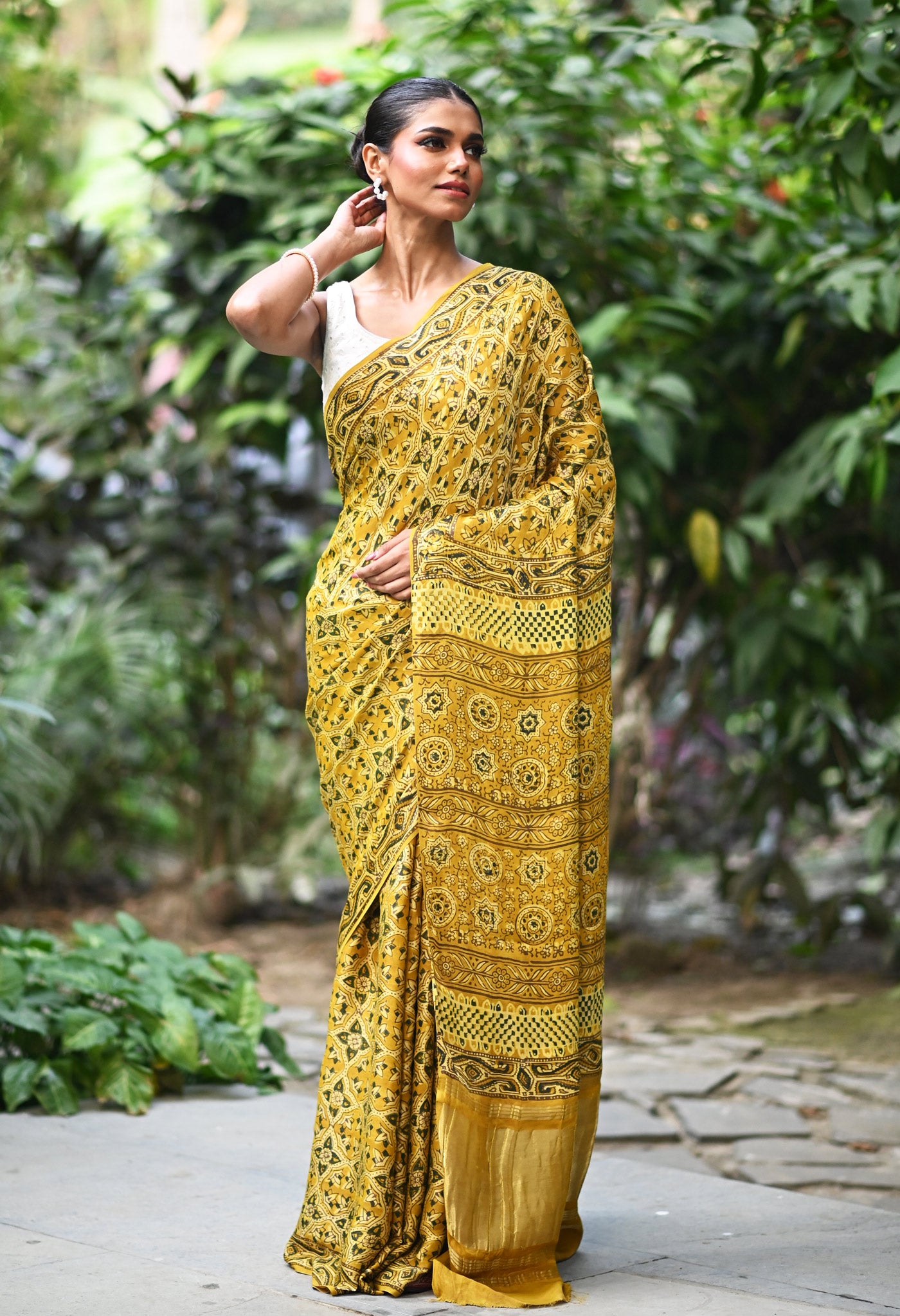 Yellow Pure Ajrakh Printed Gaji Soft Silk Saree-UNM81022