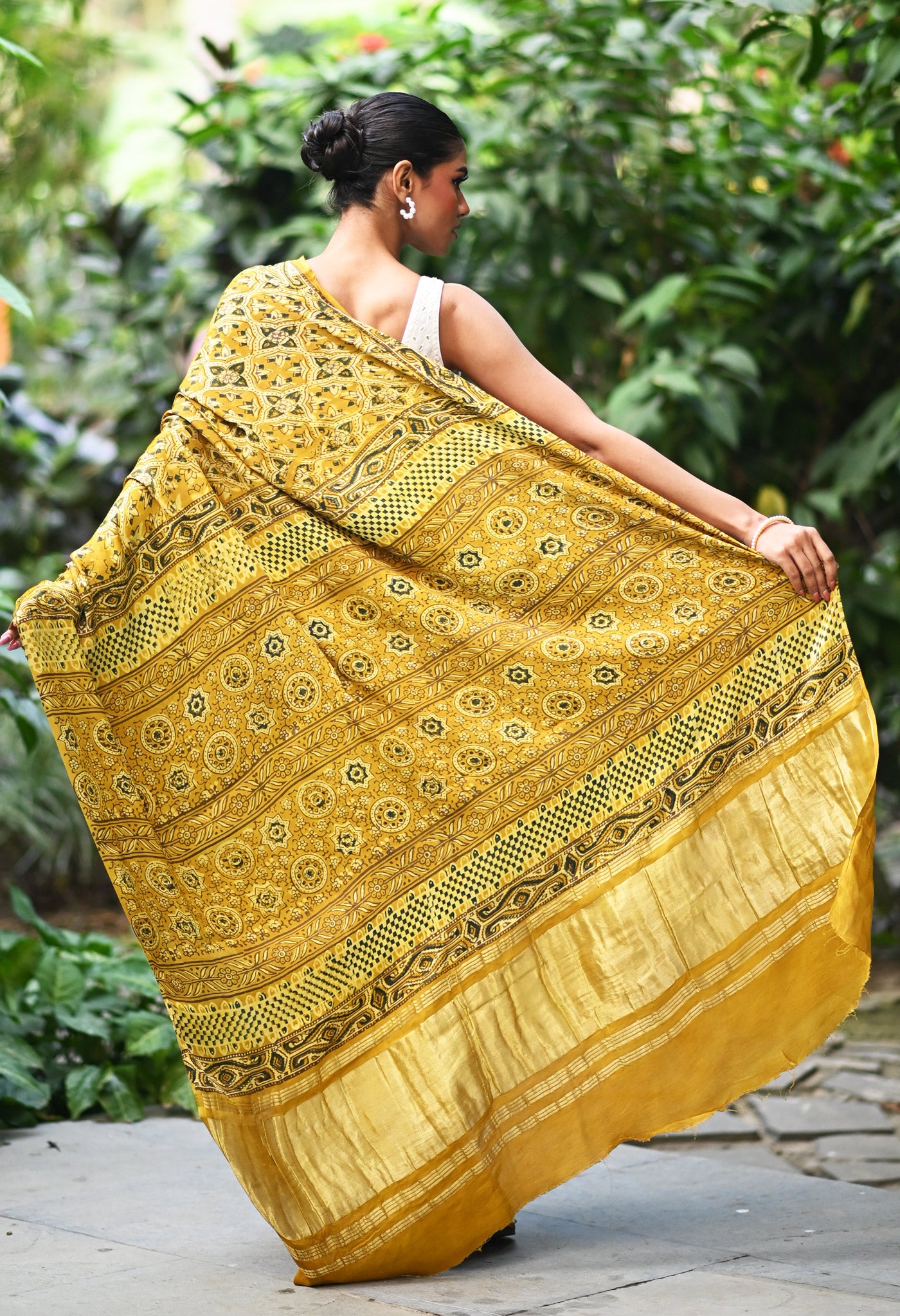 Yellow Pure Ajrakh Printed Gaji Soft Silk Saree-UNM81022