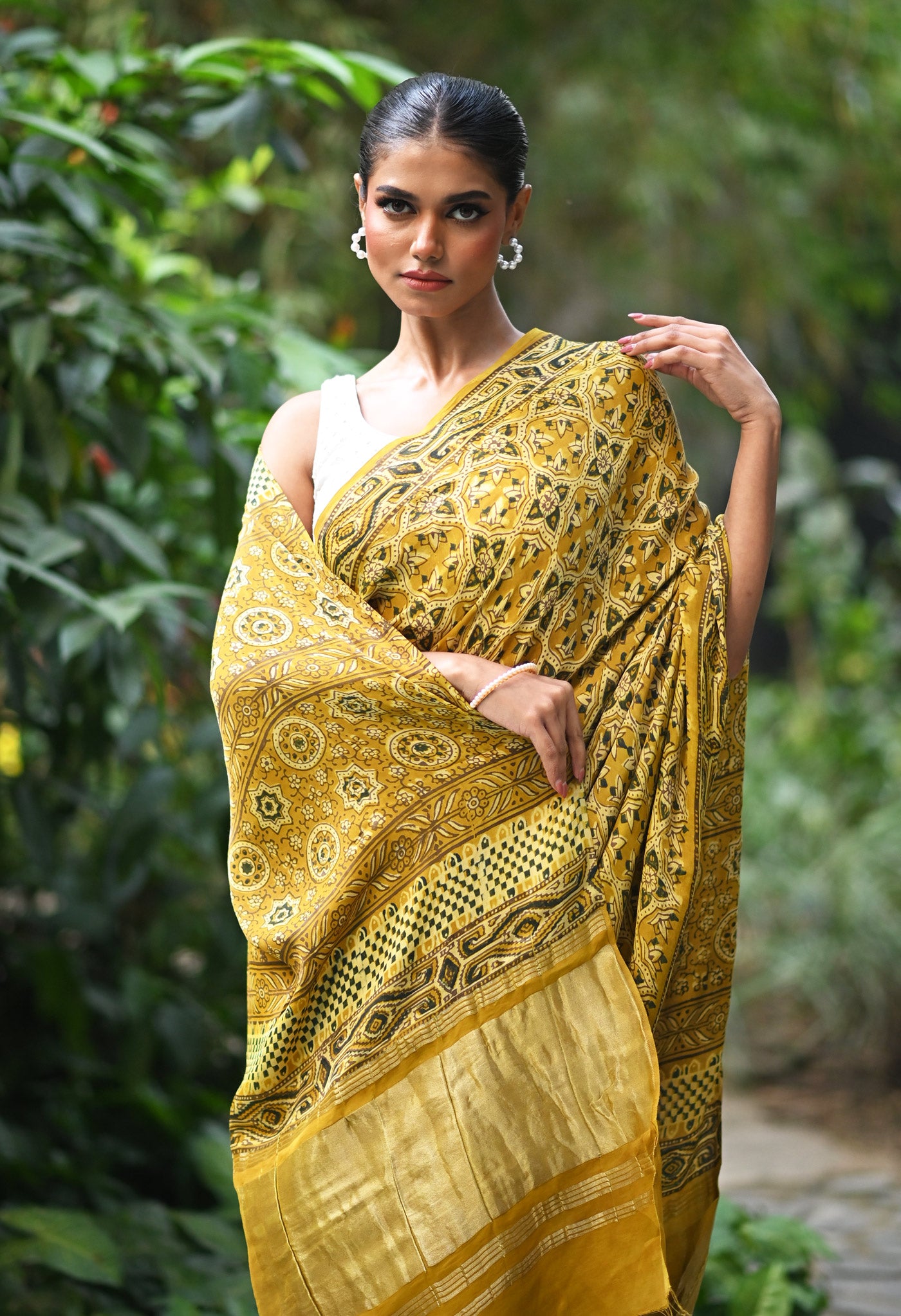 Yellow Pure Ajrakh Printed Gaji Soft Silk Saree-UNM81022