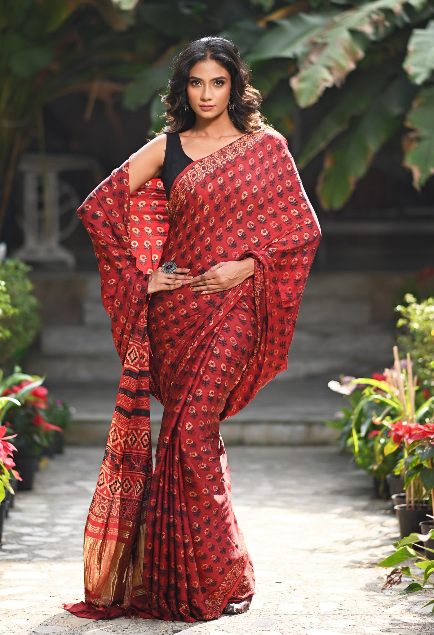 Red Pure Ajrakh Printed Gaji Soft Silk Saree-UNM81024